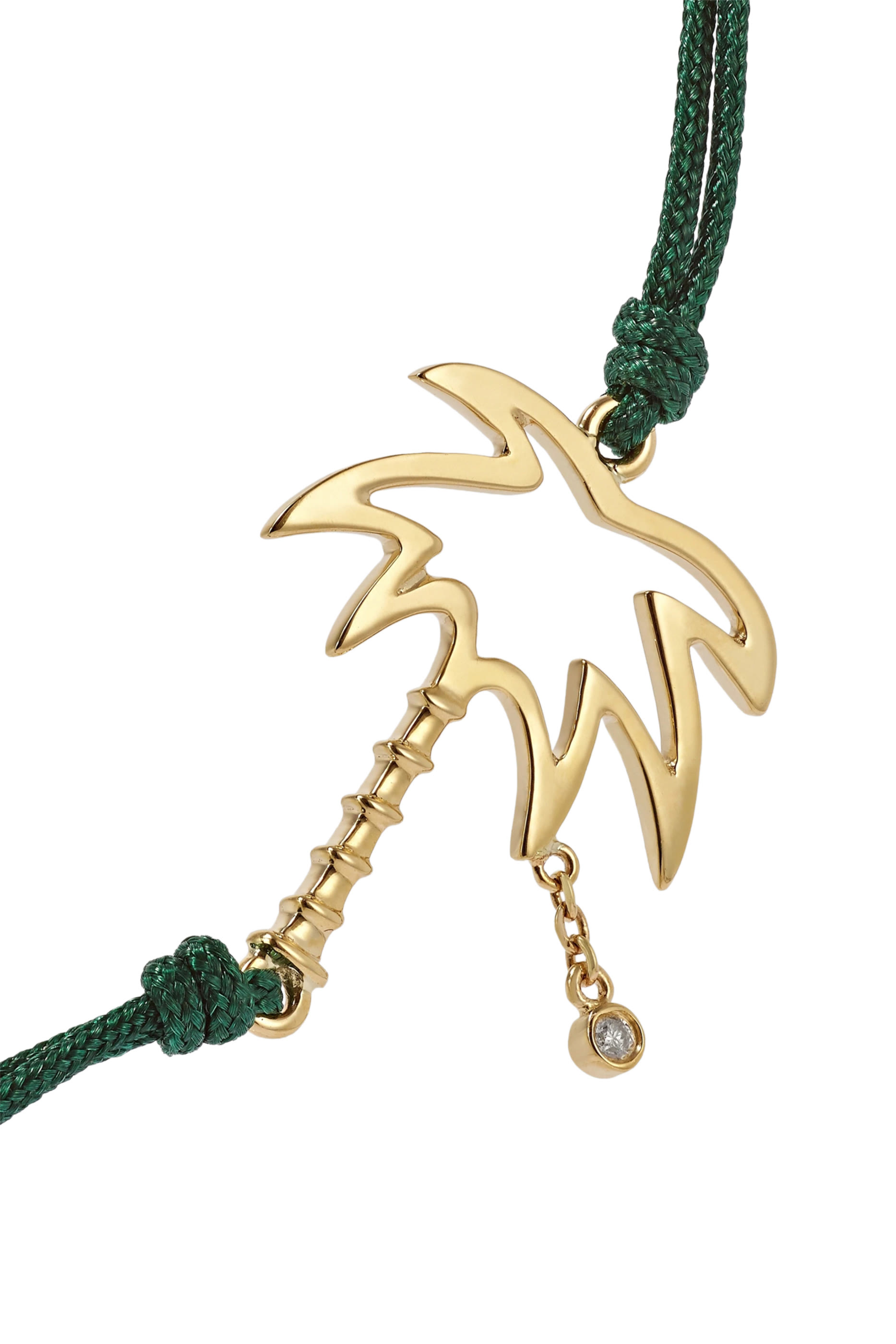 Palm Tree Green Cotton Cord Bracelet, 9k Yellow Gold with Diamonds