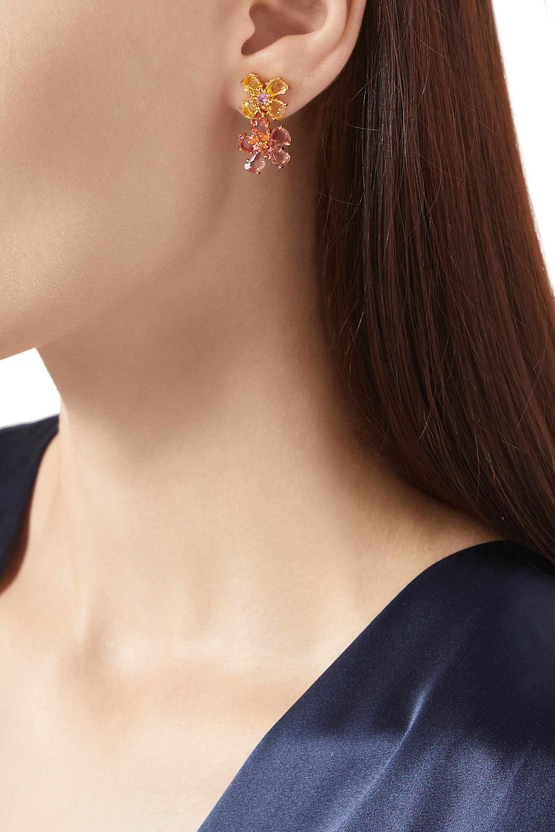 Paradise Flower Double Drop Earrings, Plated Metal & Cubic Zirconia, Glass Stone, Titanium Posts