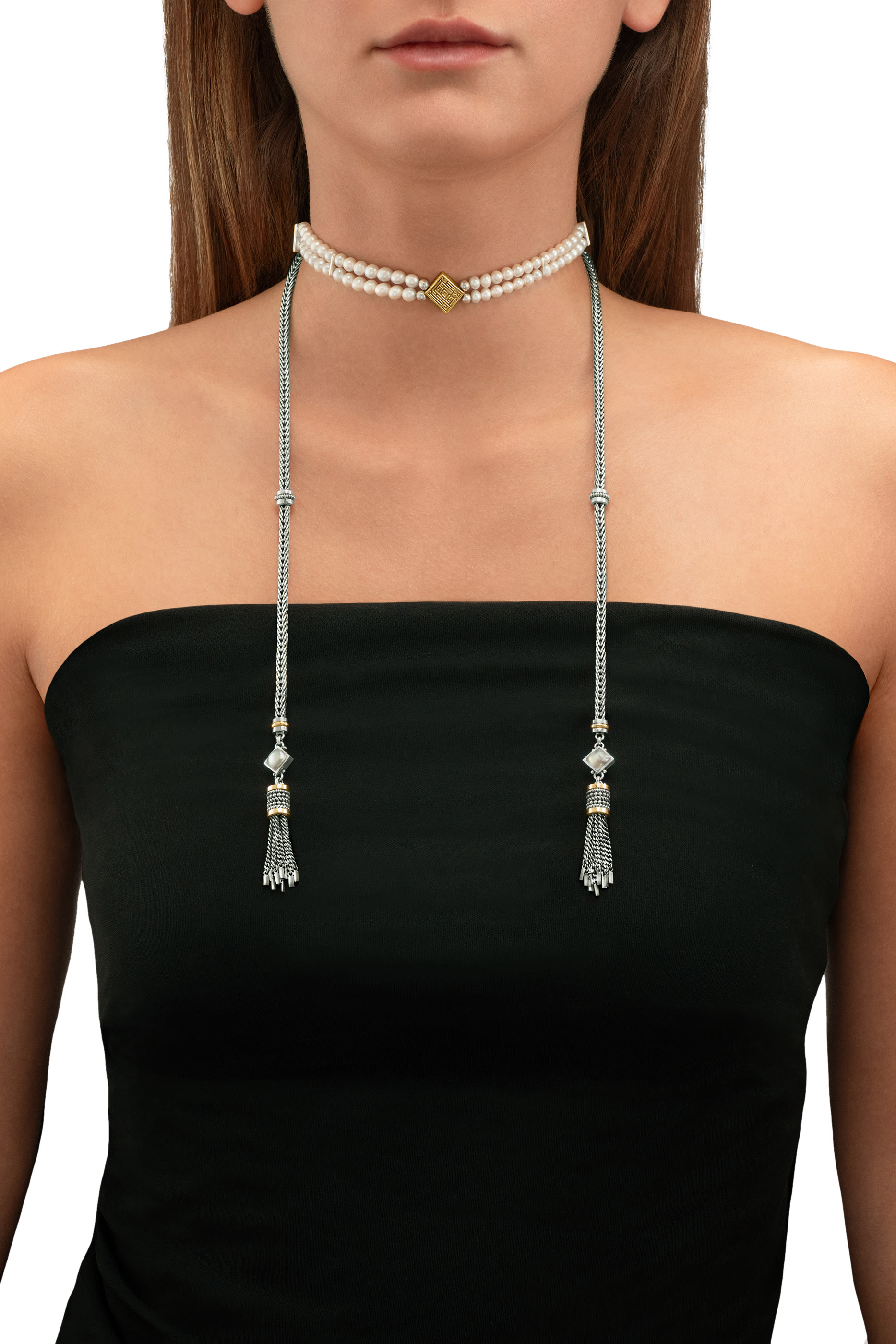 Wrap Around Kufi Necklace, 18K Yellow Gold, Sterling Silver and Pearl