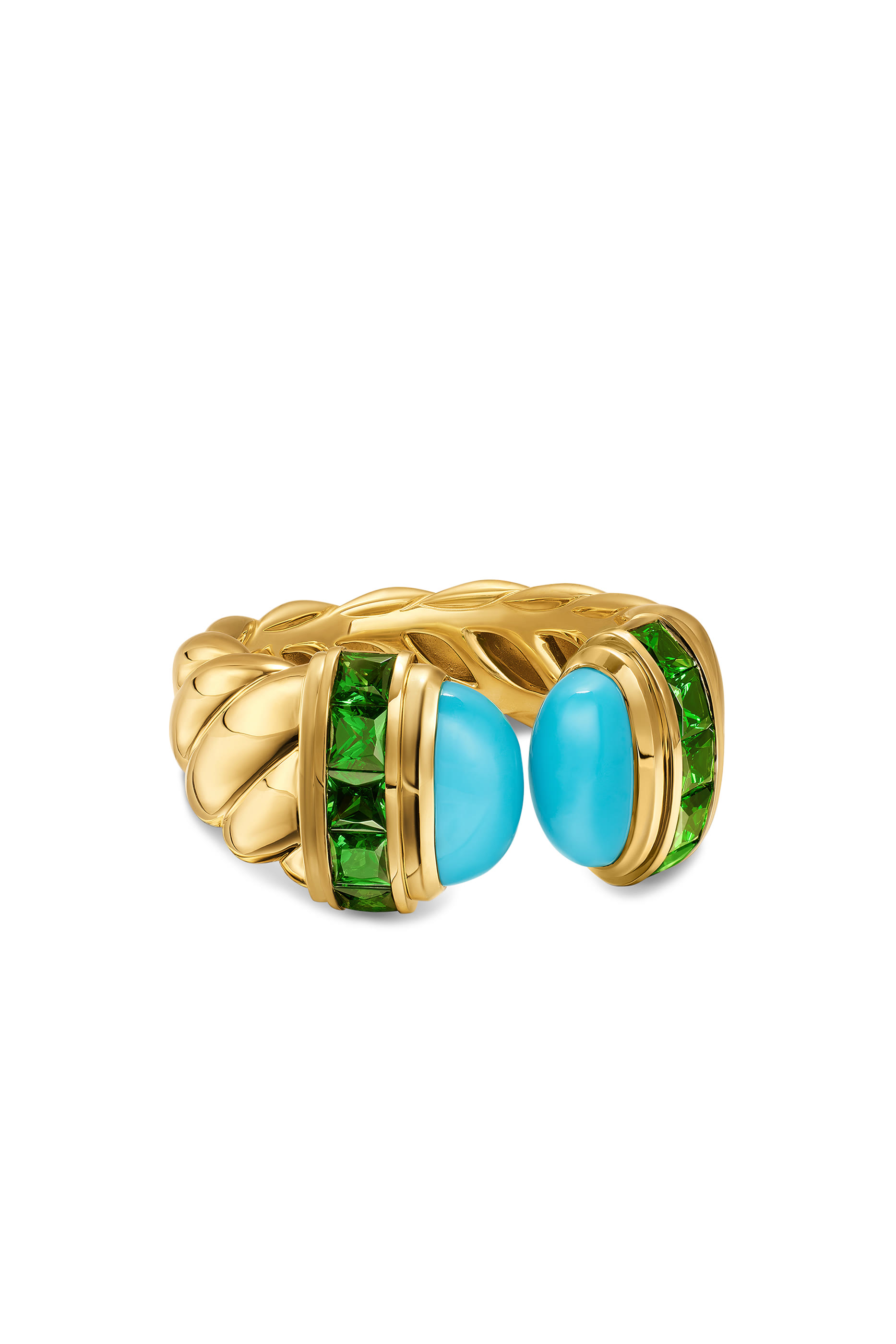 Sculpted Cable Open Cocktail Ring, 18K Yellow Gold with Turquoise & Tsavorites