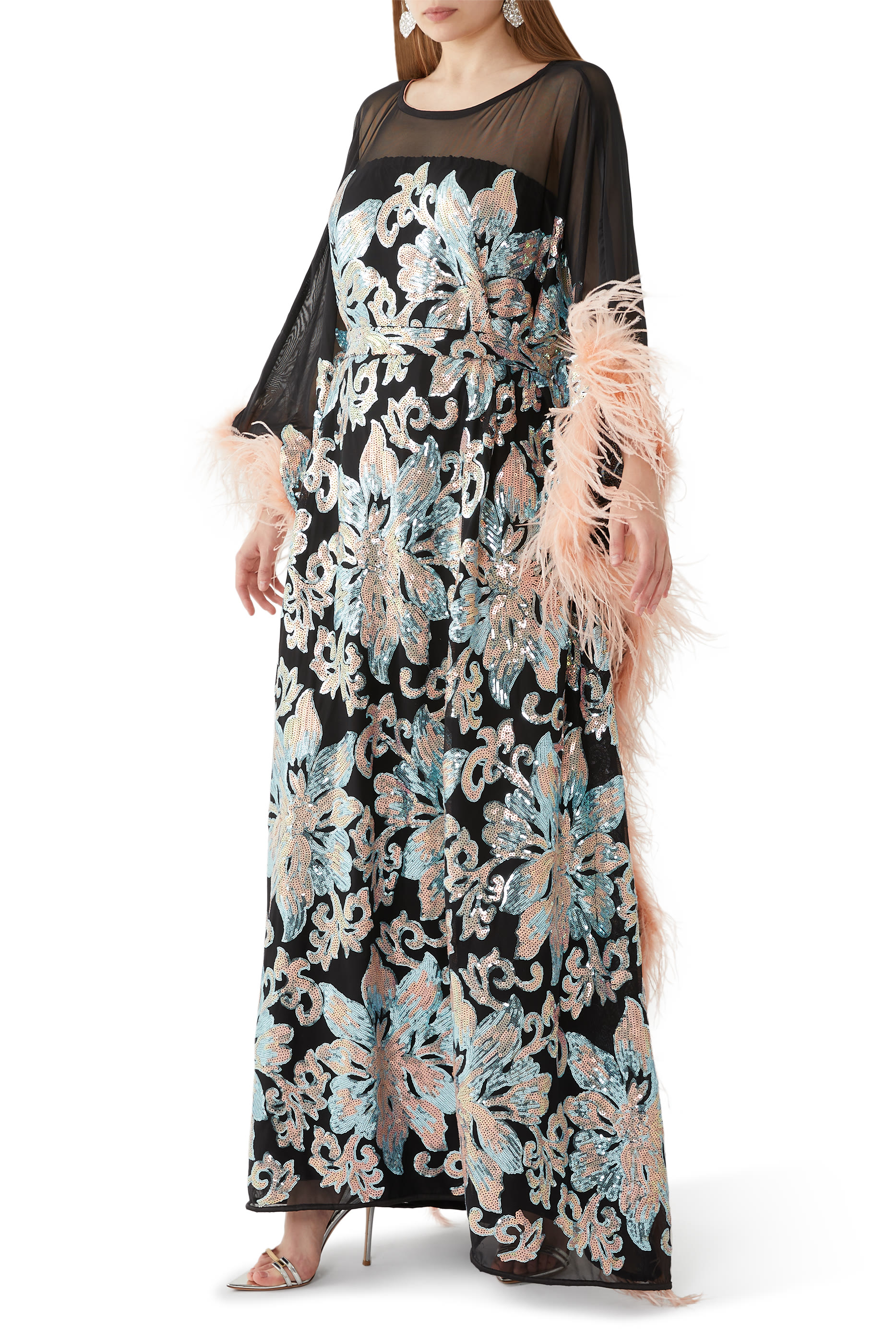 Sequin Embroidery and Feather Trim Kaftan