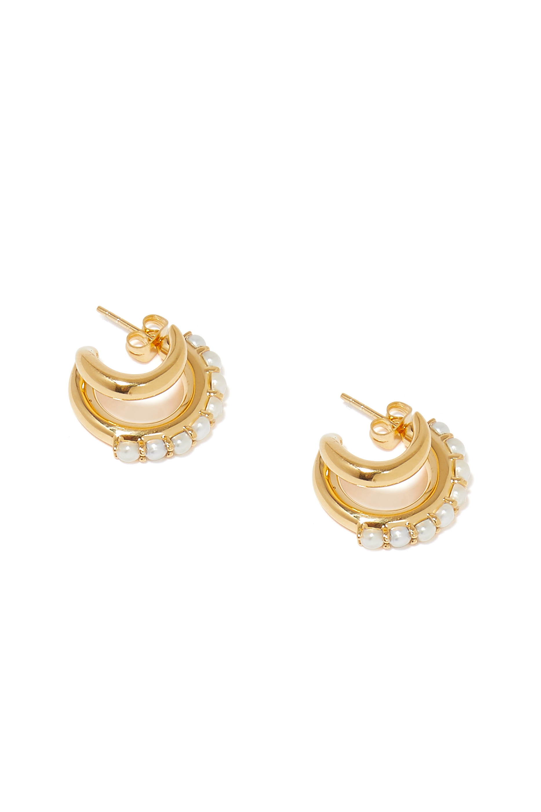 Claw Studded Double Hoop Earrings, 18K Yellow Gold Plated Brass & Pearls