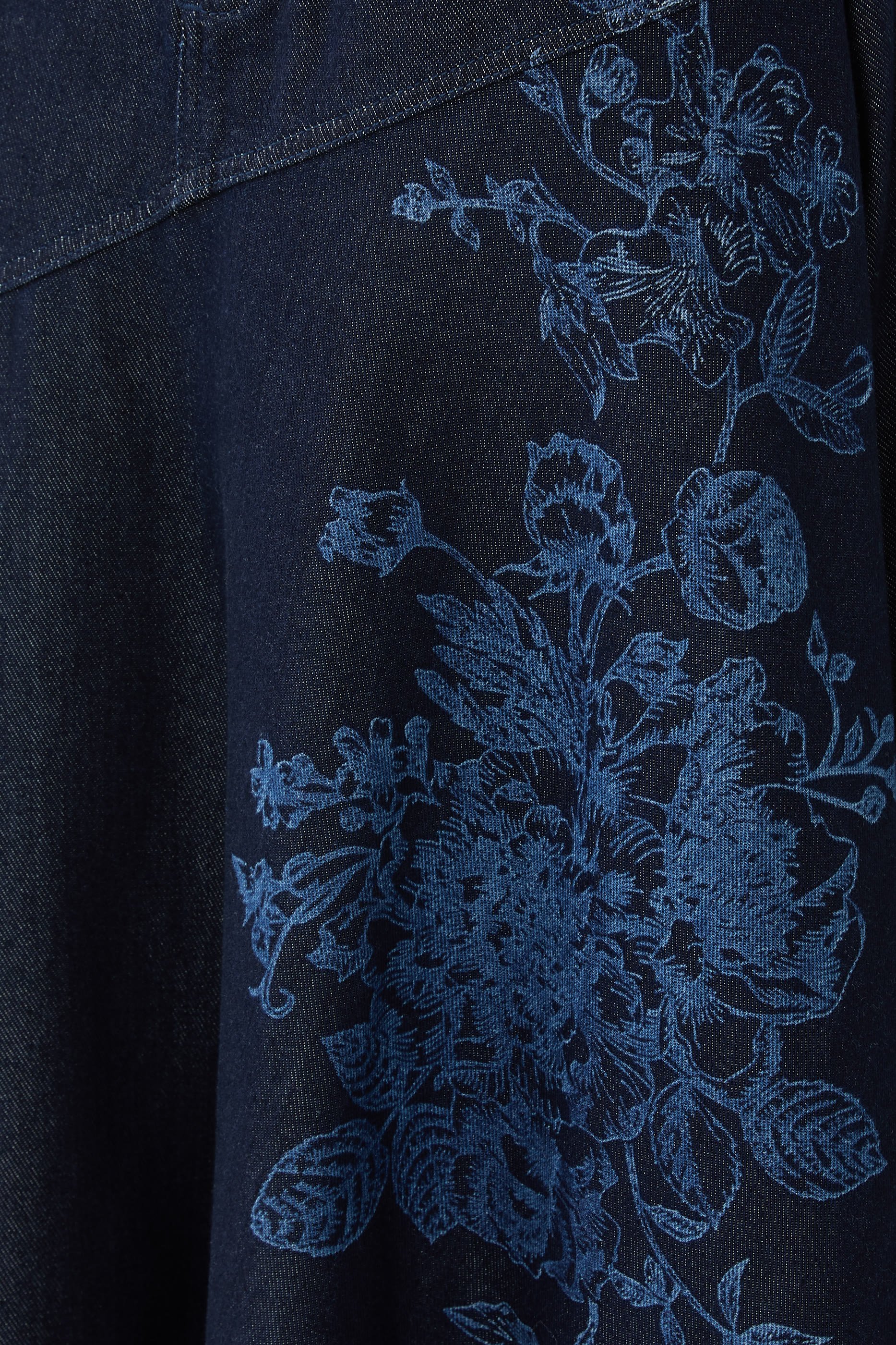 Flower Motif Denim Midi Flounce Skirt 