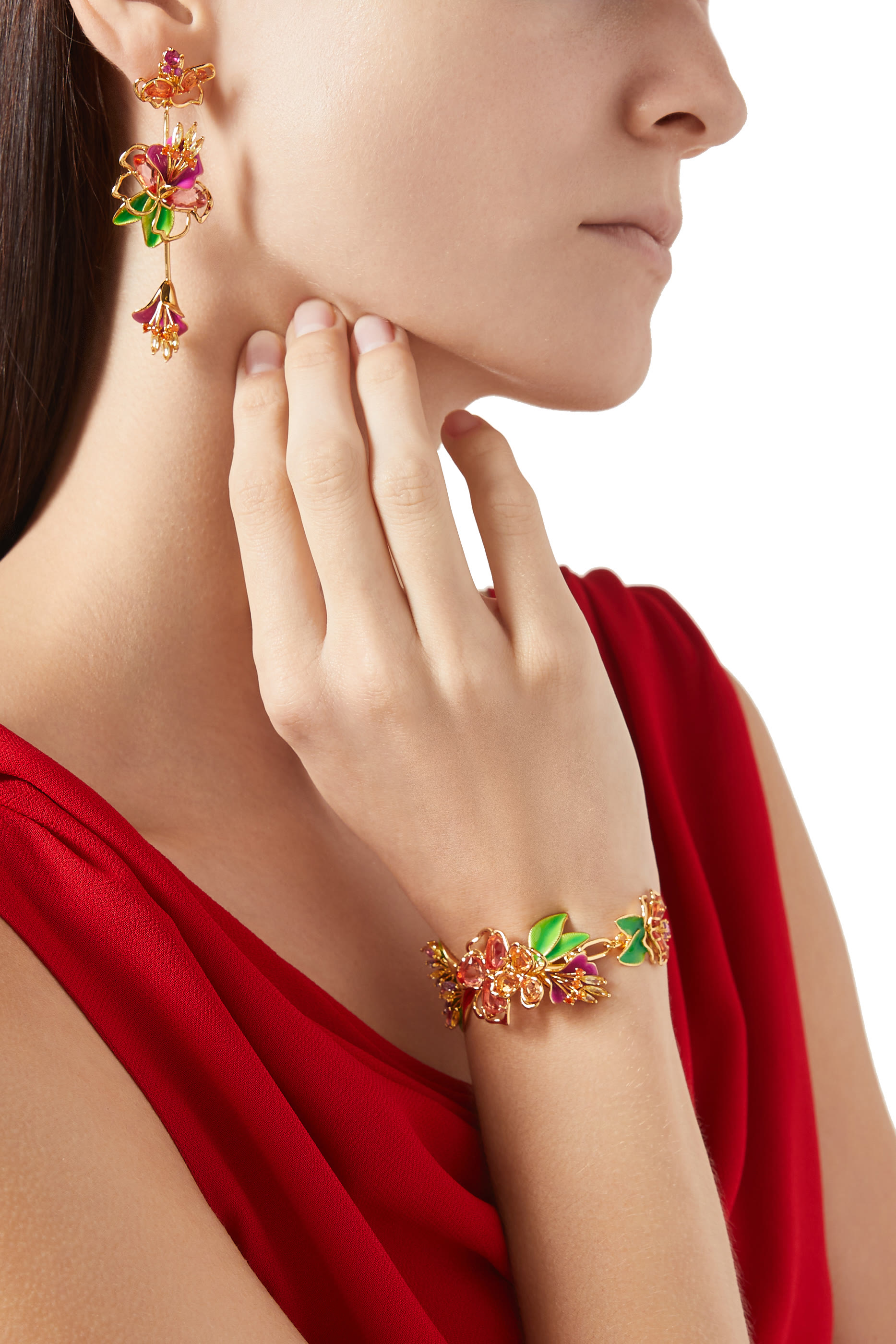 Paradise Floral Statement Bracelet, Plated Metal & Cubic Zirconia, Glass Stone, Enamel