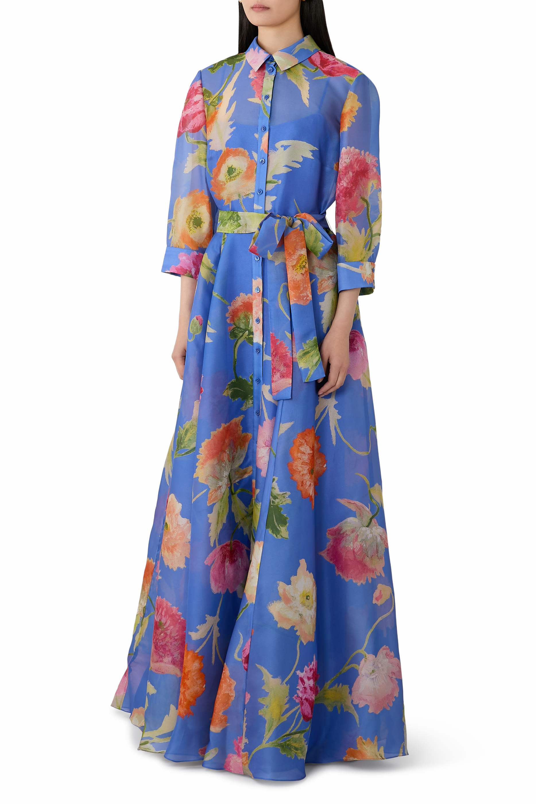  Poppy-Print Organza Trench Gown