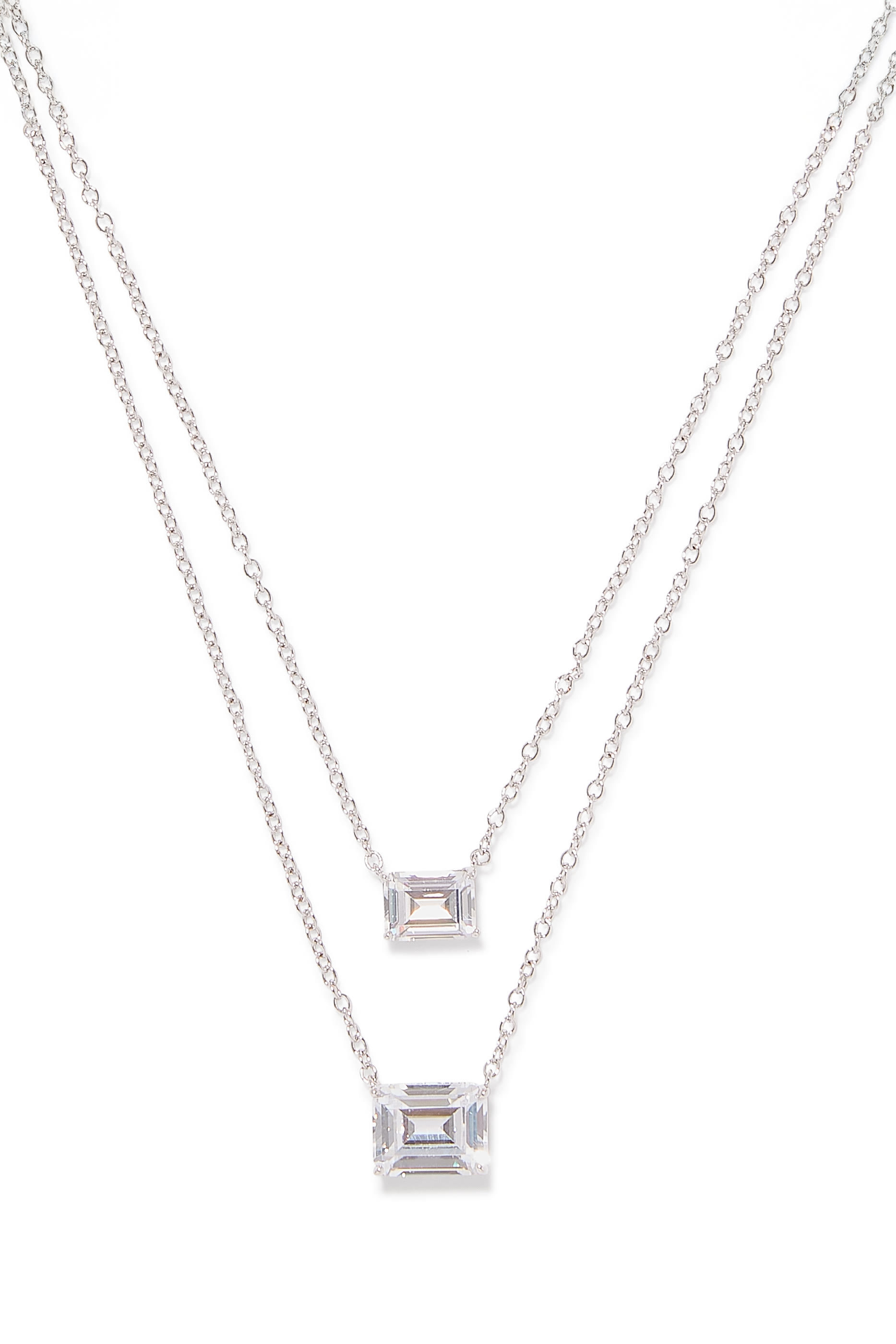  Double Layer Pendant Necklace, Rhodium-Plated Brass & Cubic Zirconia