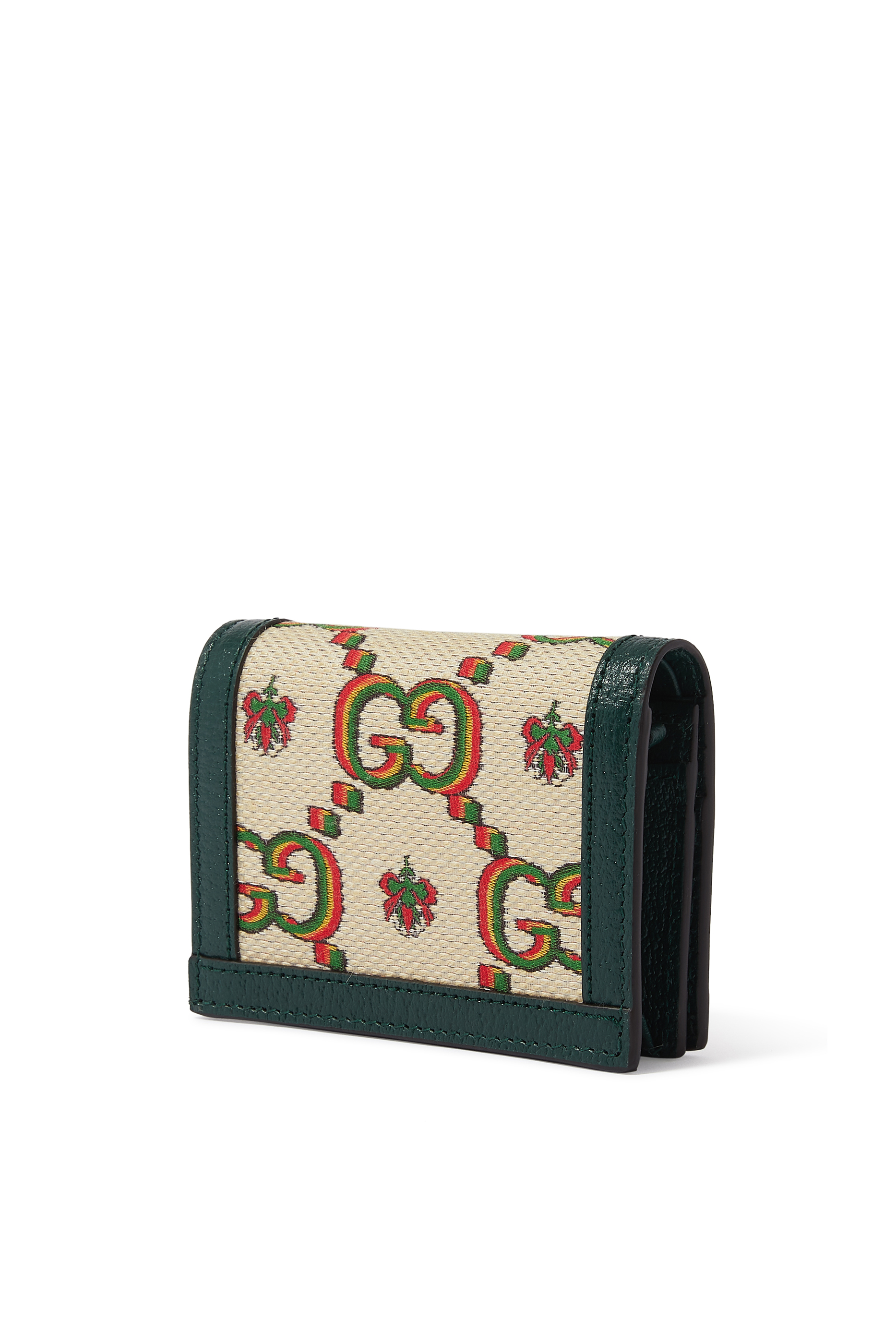 Gucci 100 Card Case Wallet in Beige and Green Jacquard