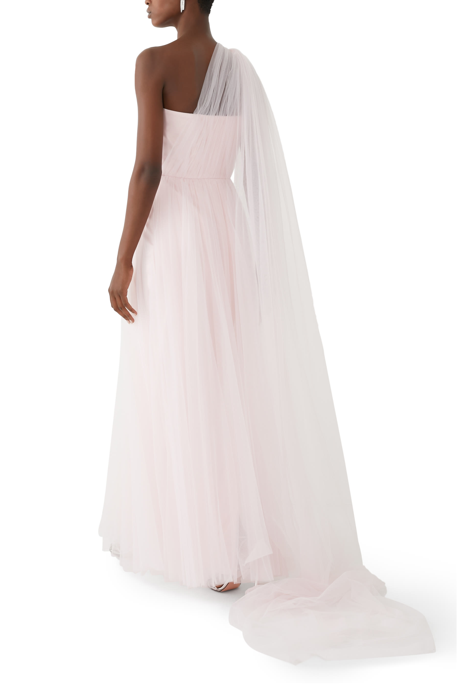 Asymmetrical Tulle Draped Gown with Side Train