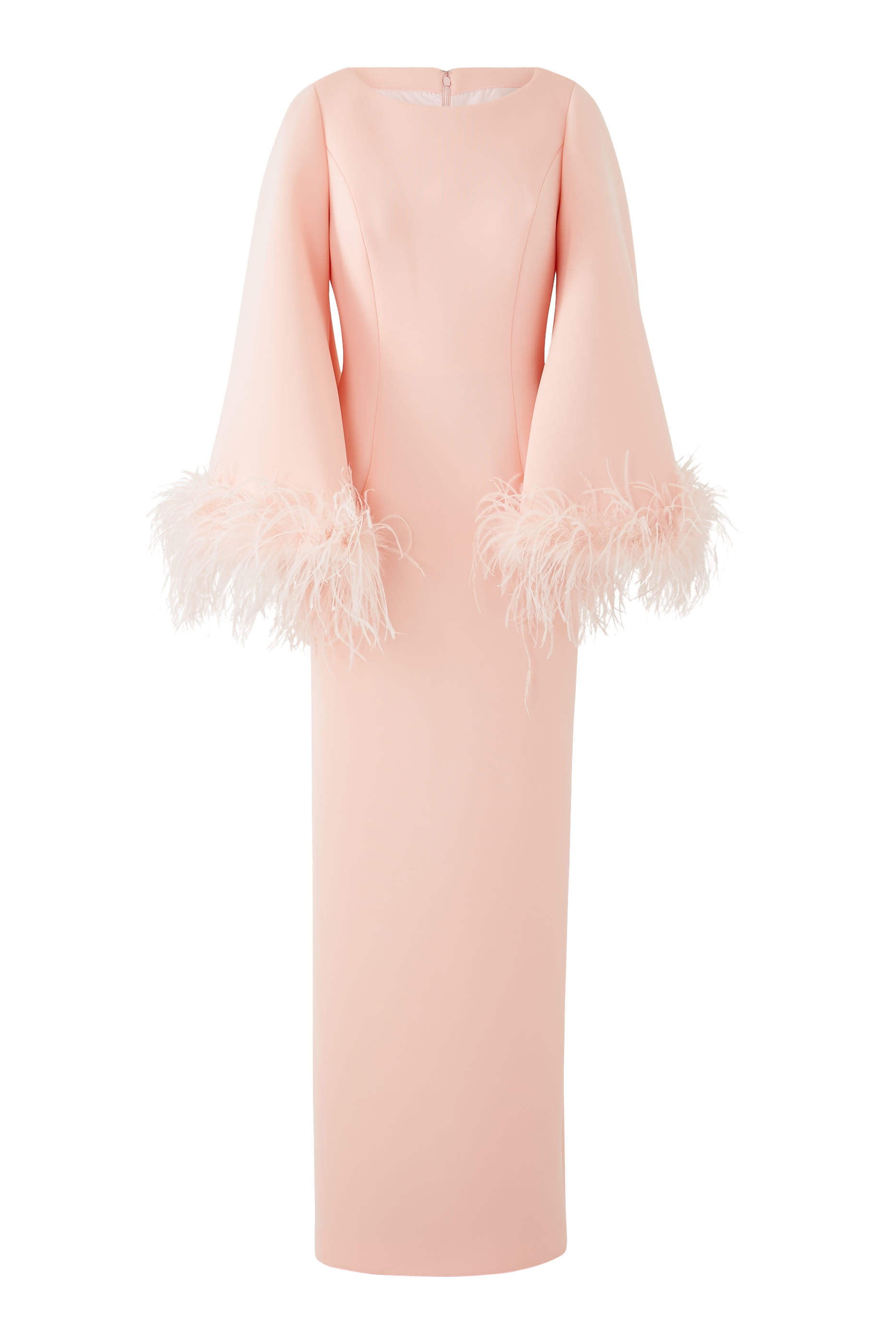 Feather Trim Bell Sleeve Evening Gown