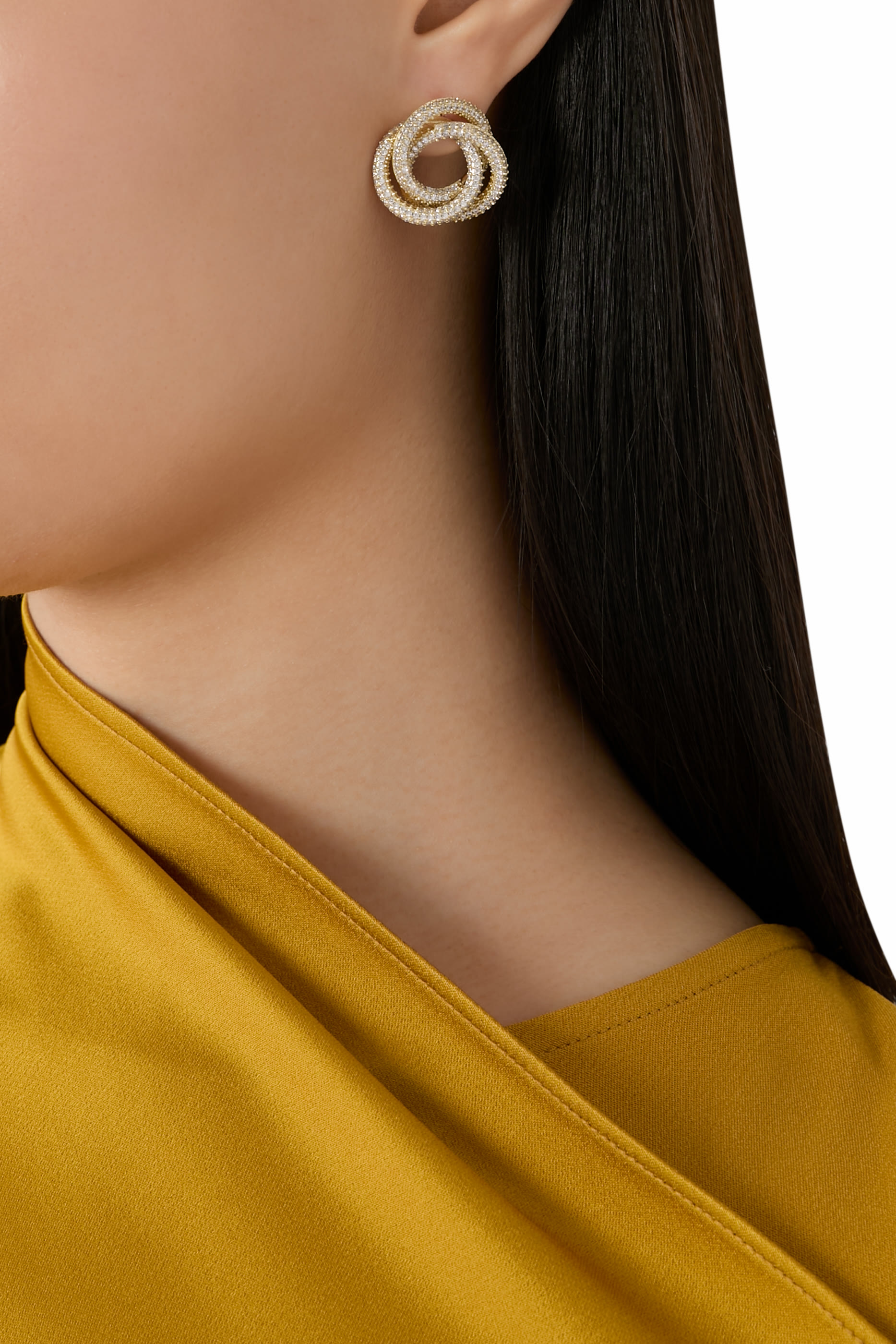 Pav&eacute; Triple Circle Interlocking Earrings, Gold Plated & Cubic Zirconia
