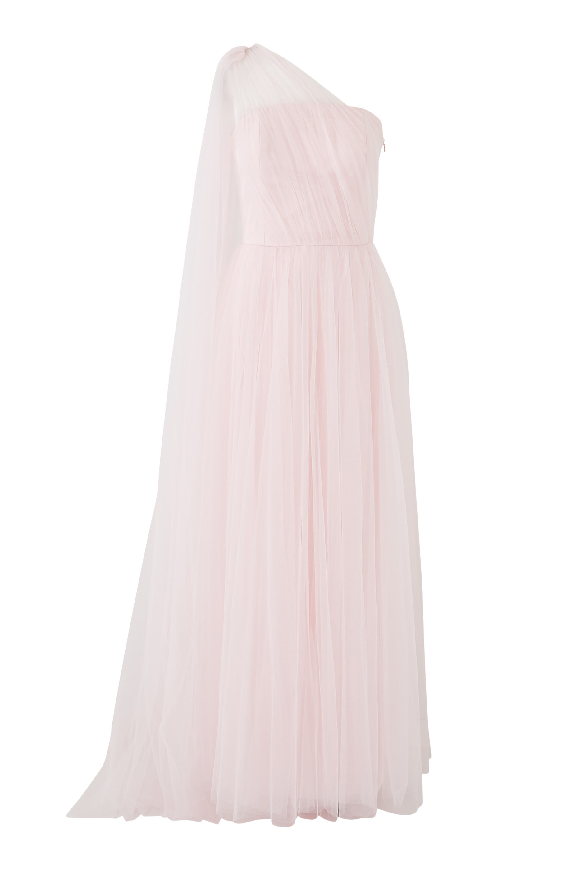 Asymmetrical Tulle Draped Gown with Side Train