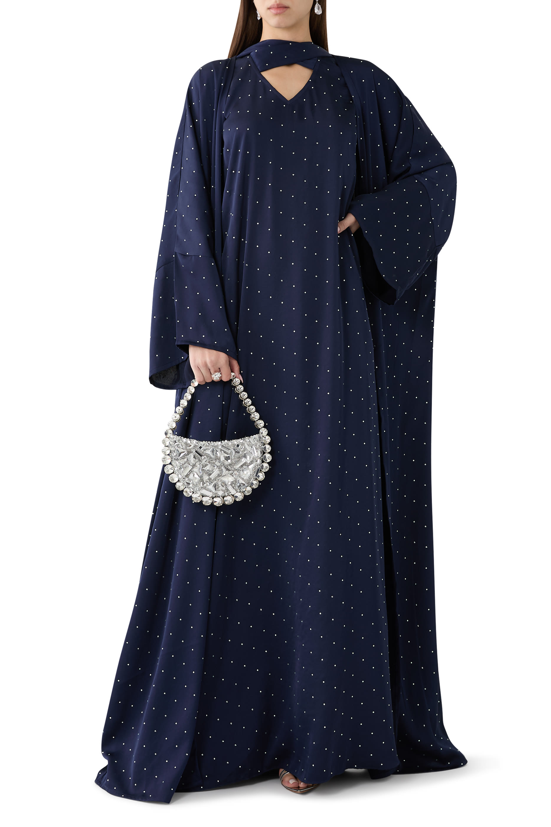 Studded Satin Bisht/Abaya with Neck Tie