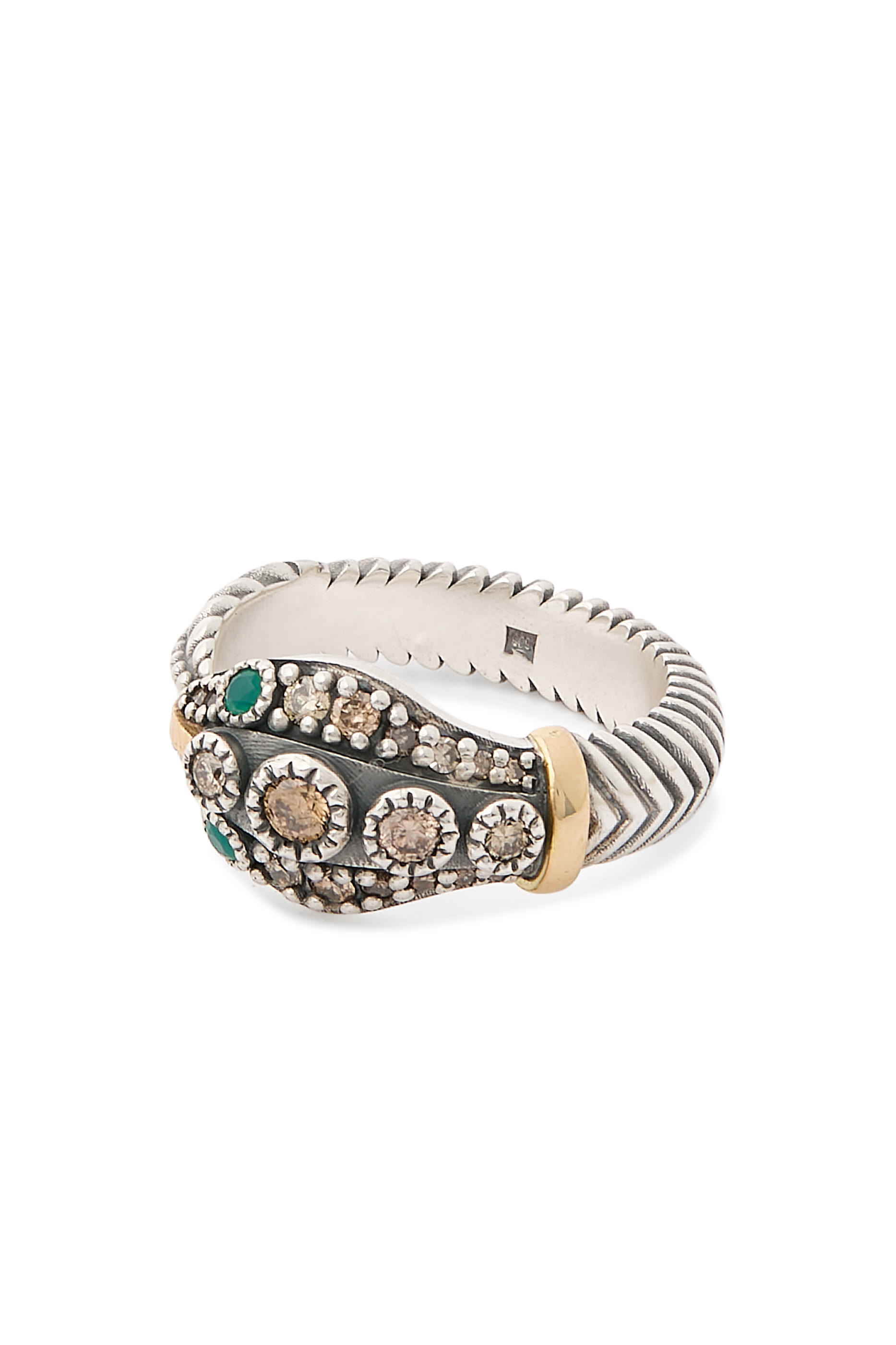 Guardian Snake Ring, 18K Yellow Gold, Sterling Silver, Green Onyx & Diamonds