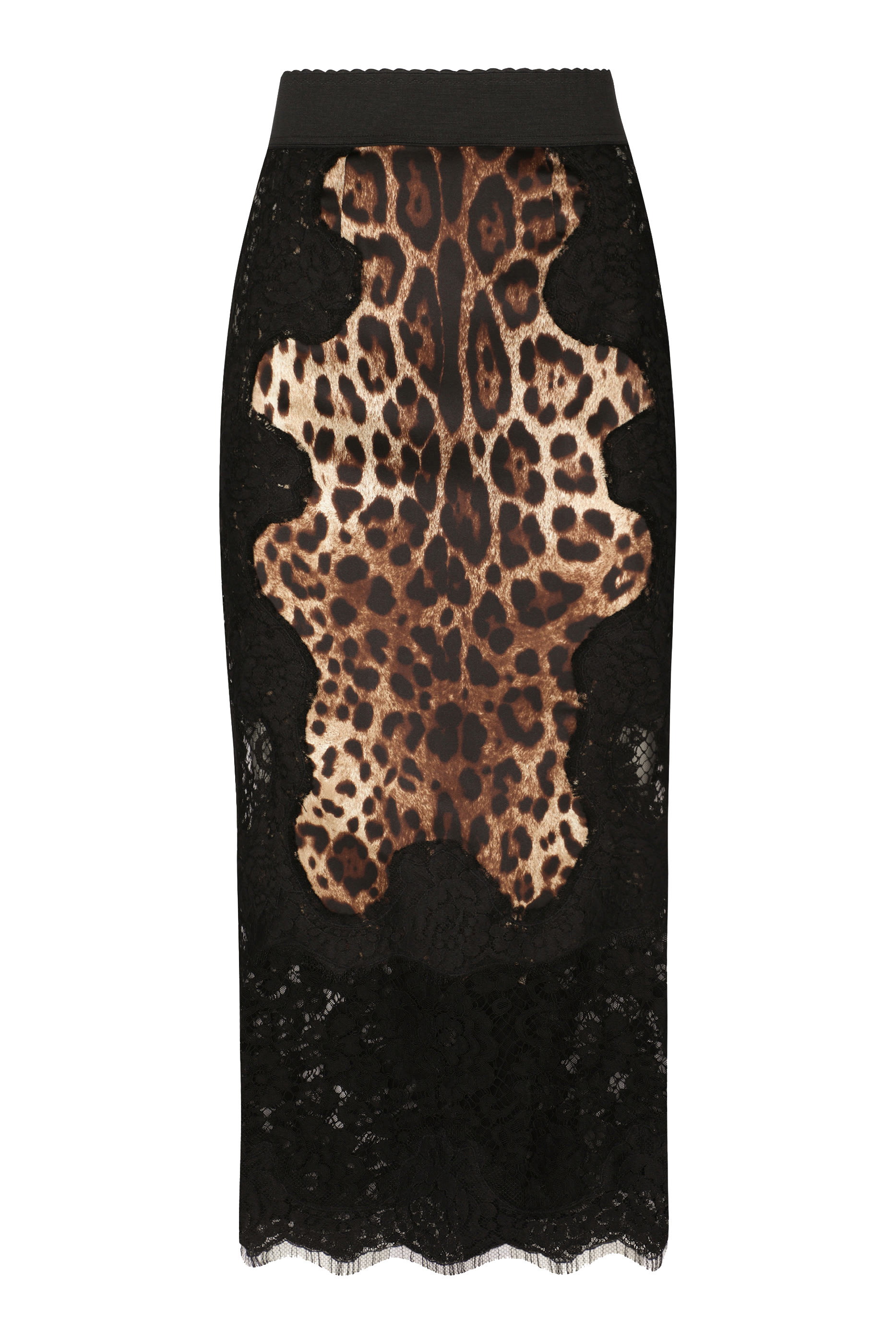 Leopard-Print Satin Midi Skirt with Lace Inserts