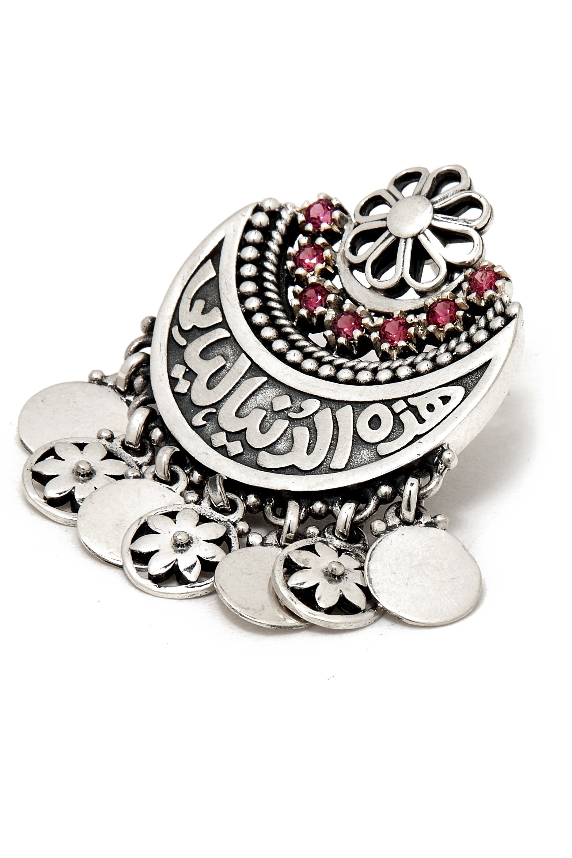 Fallahy Crescent Earrings, Sterling Silver with Rhodolite & Semi-Precious Stones