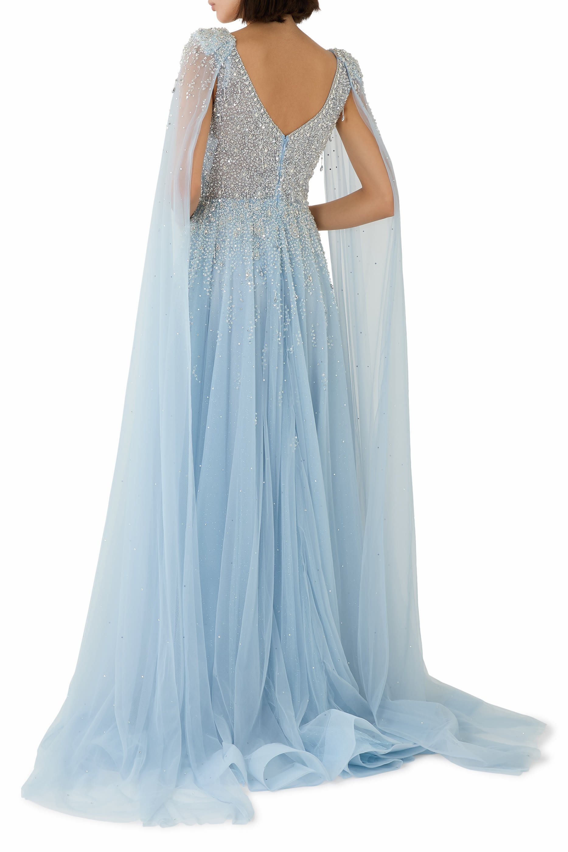 Sequin-Embellished Cape Gown