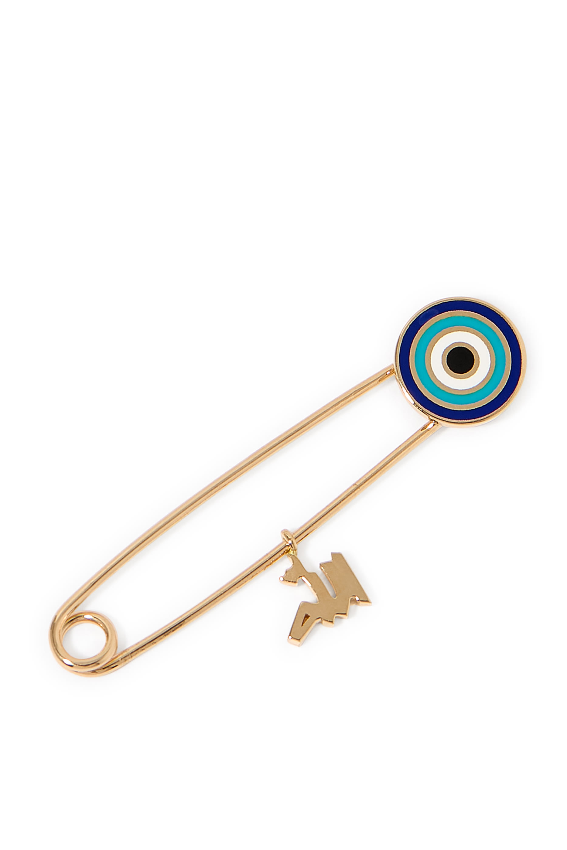 Enamel Eye Allah Charm Safety Pin Brooch, 18K Yellow Gold & Enamel