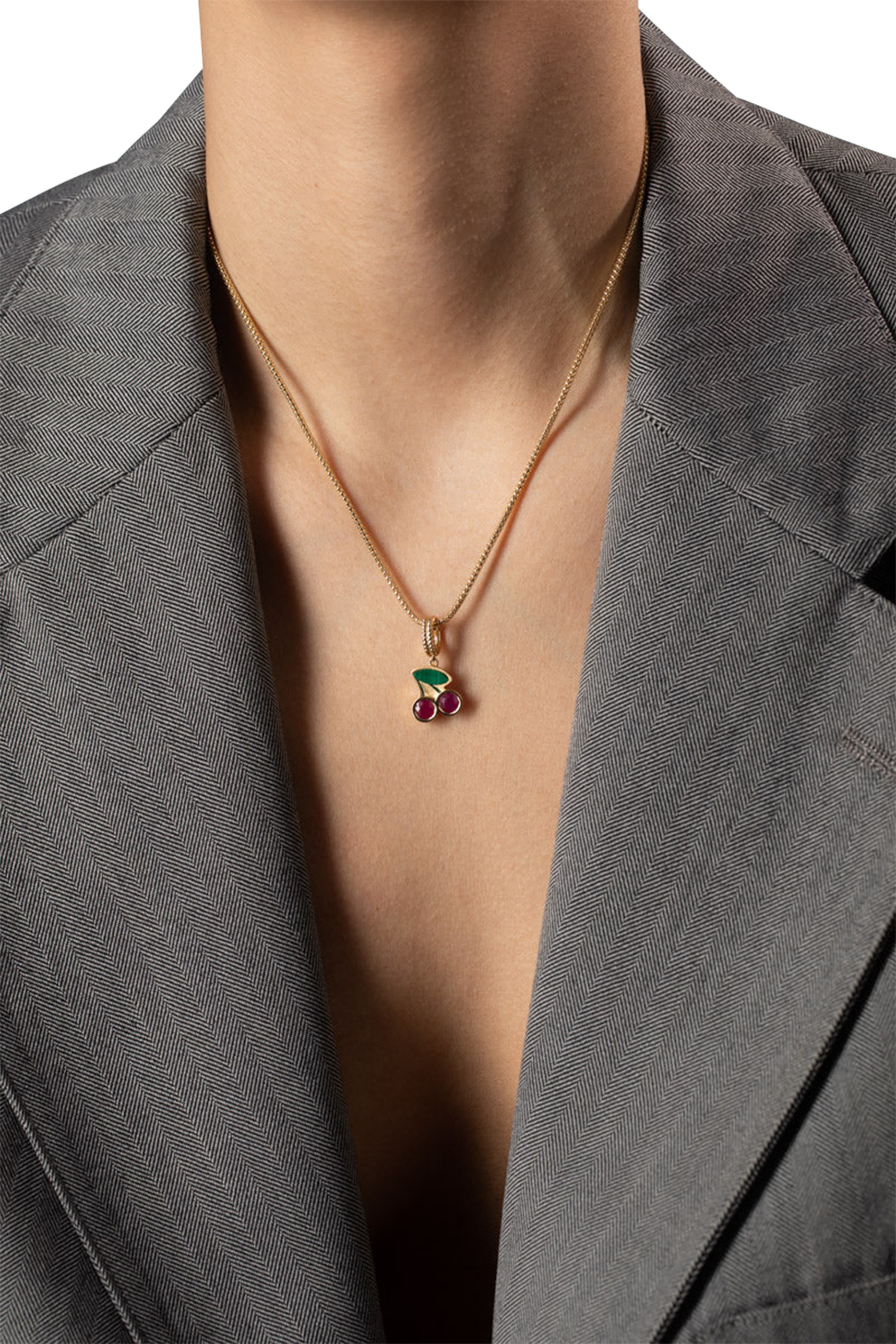 Cherry Blossom 2.0 Charm, 18K Yellow Gold & Malachite-Round Rubies