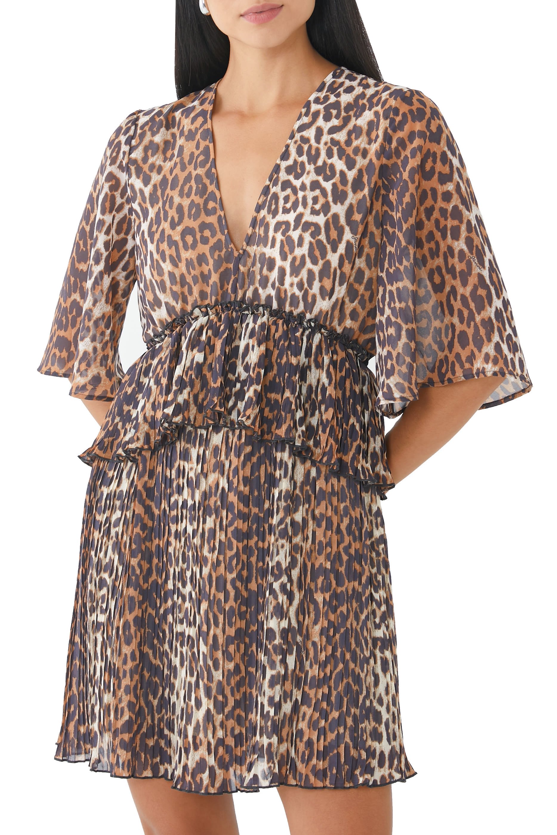 Georgette Pleated Flounce V-Neck Mini Dress