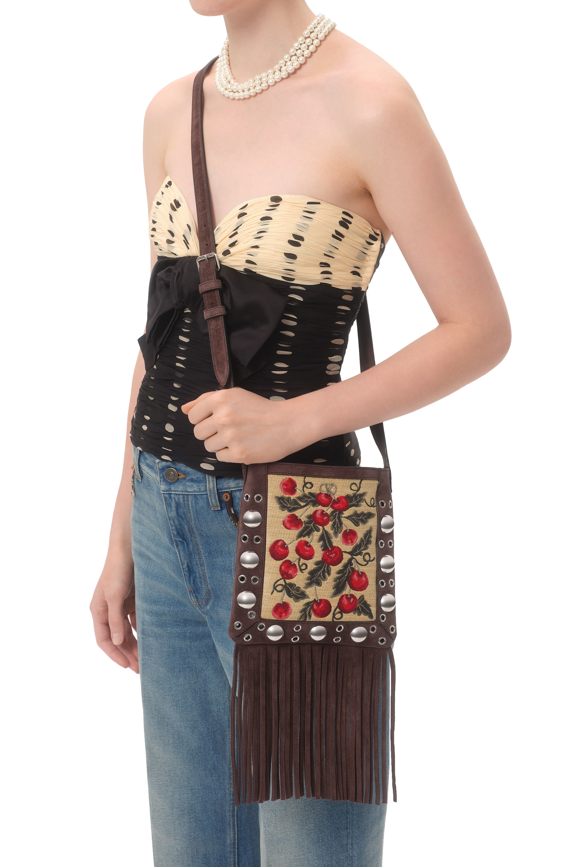 Nellc&ocirc;te Small Shoulder Bag in Jacquard Synthetic Raffia with Cherryfic Pattern