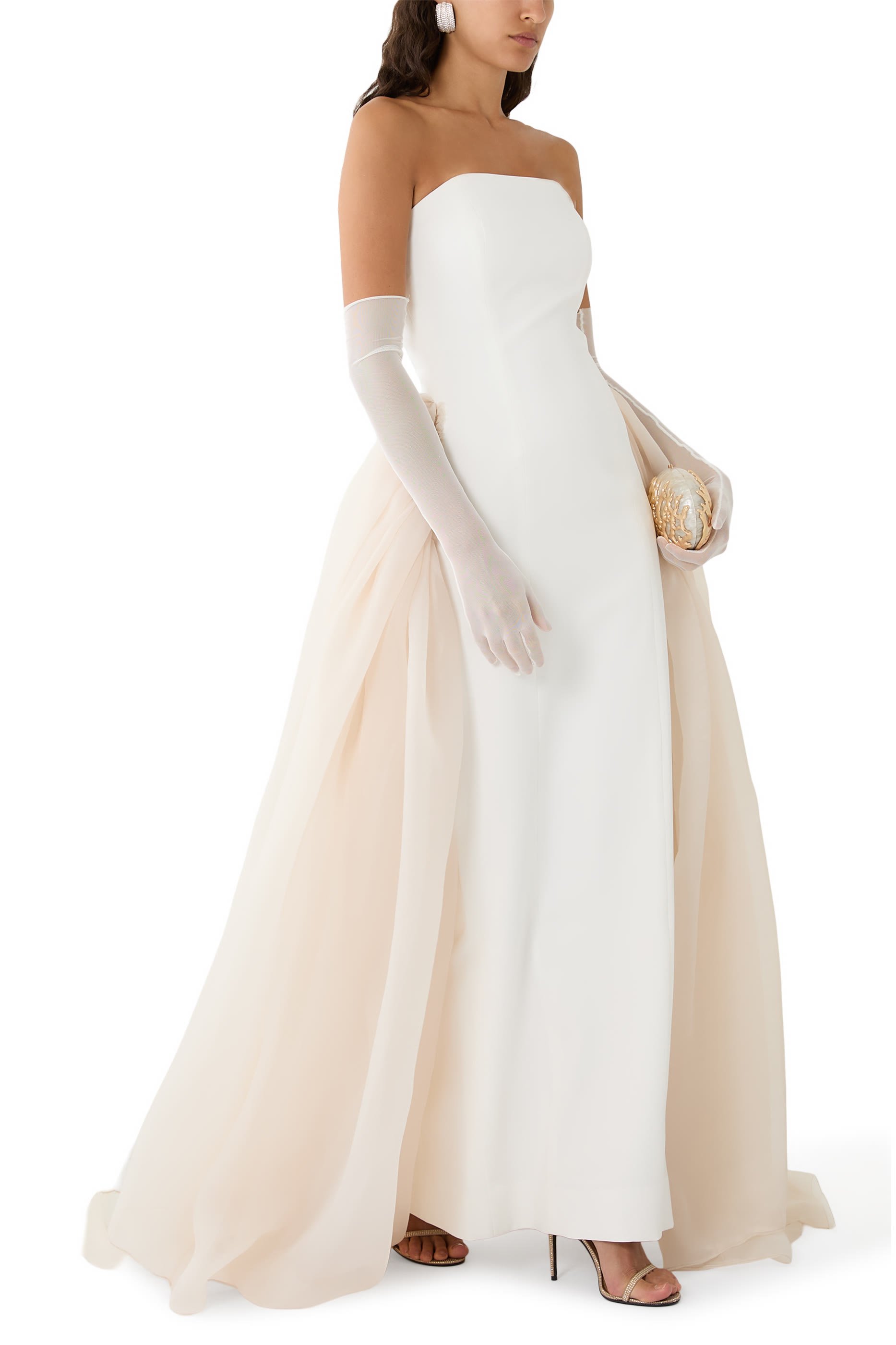 Organza Side Trains Strapless Gown