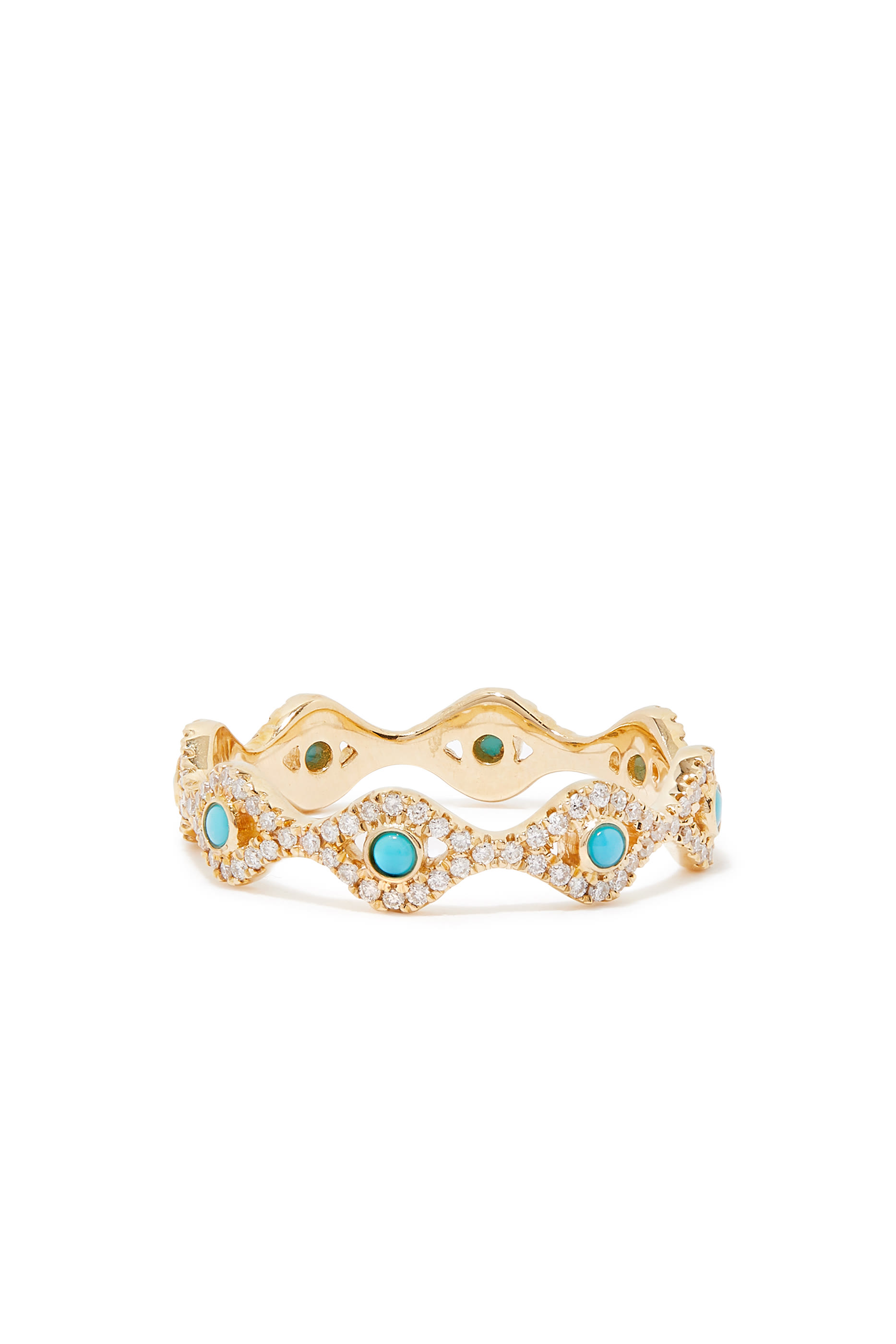 Gold & Diamond Small Bezel Evil Eye Eternity Ring With Turquoise