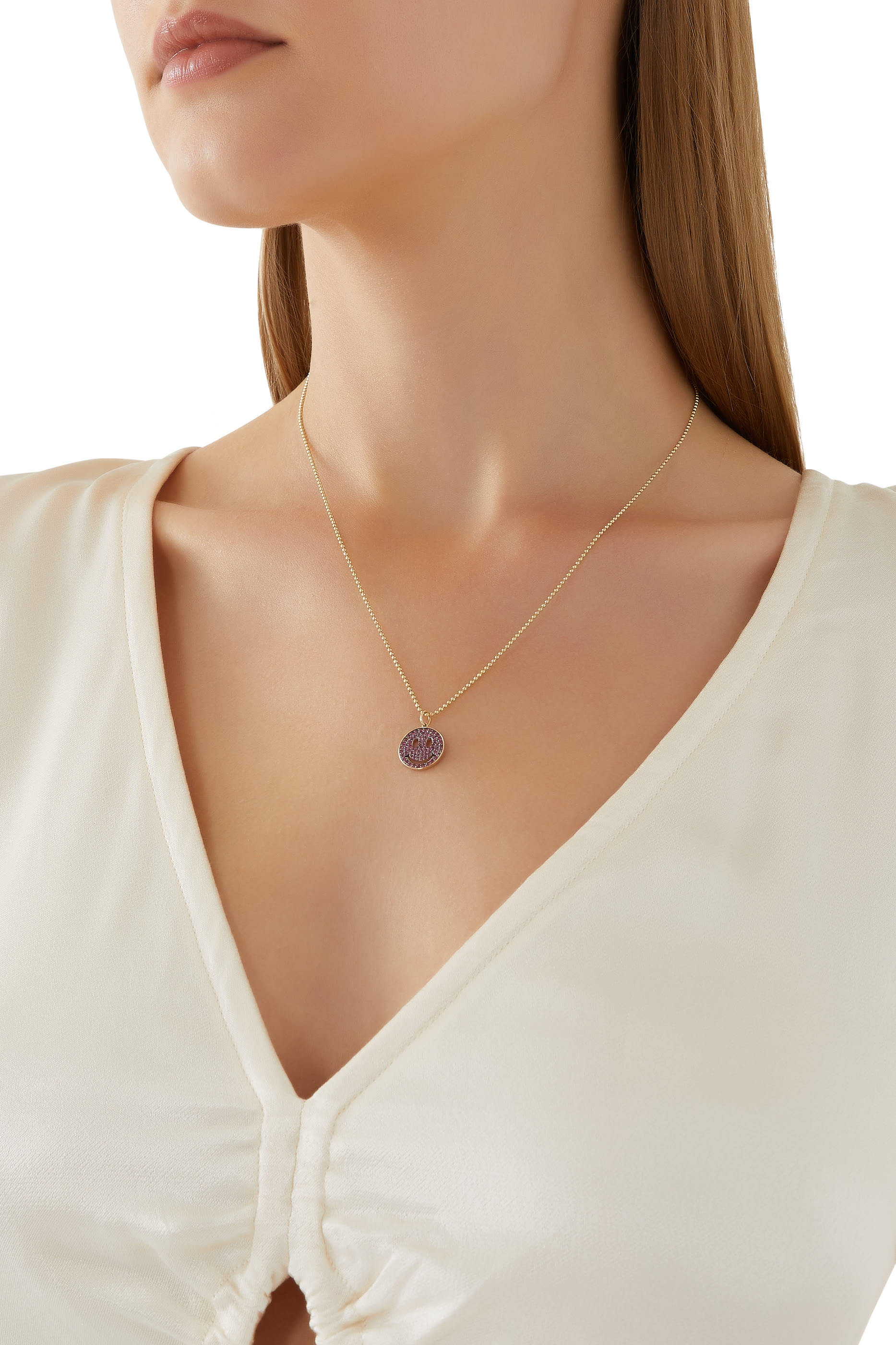 Happy Face Medium Pendant Necklace, 14k Yellow Gold & Rubies