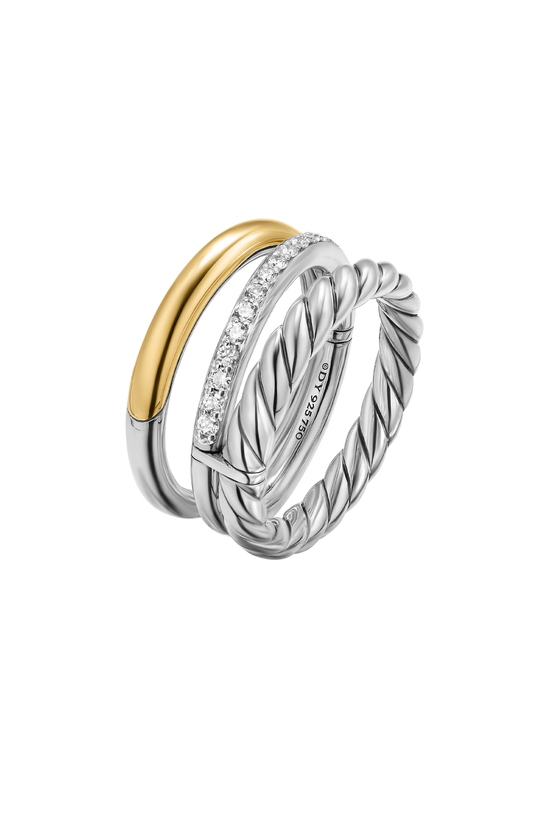 DY Mercer® Three Row Ring, Sterling Silver with 18k Yellow Gold & Diamonds