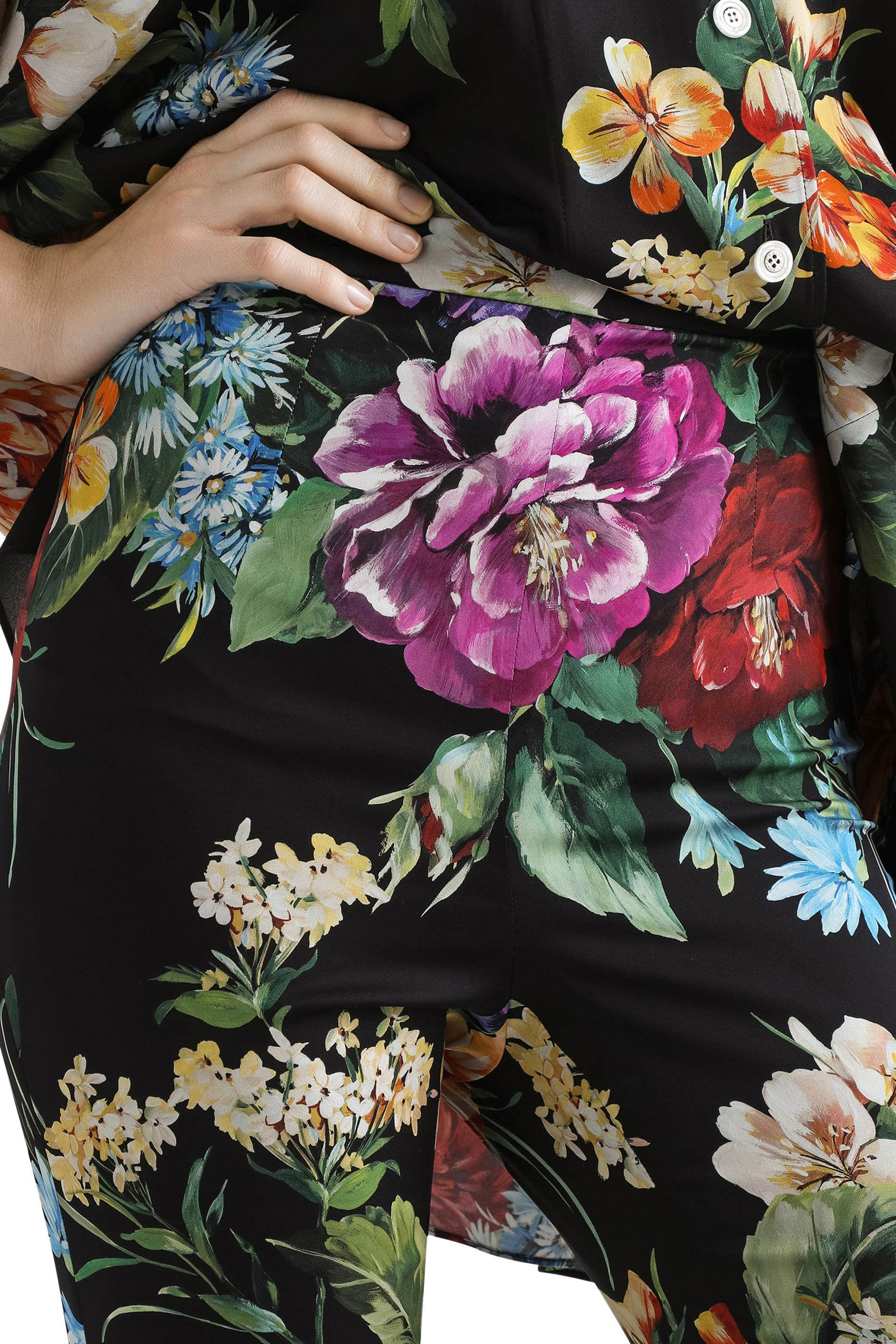 Flower Bouquet-Print Charmeuse Pants