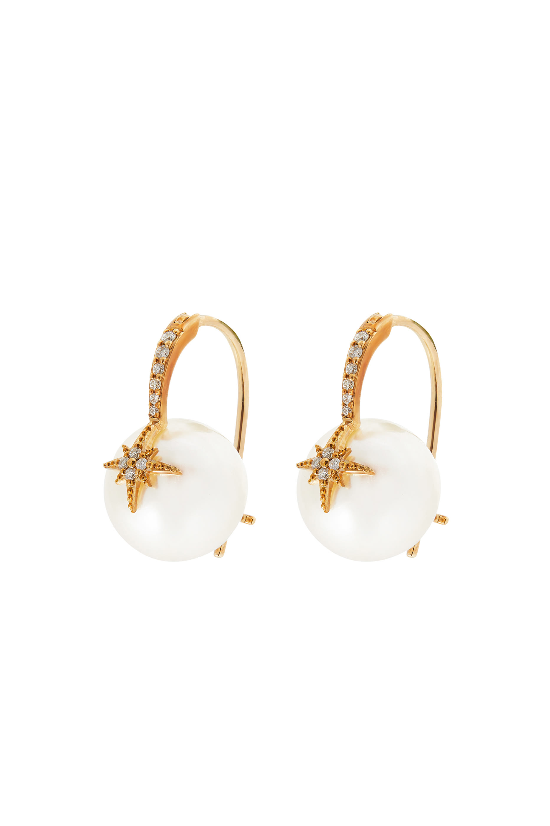 Starburst Bead Earrings, 14k Yellow Gold with Pearl & Diamonds