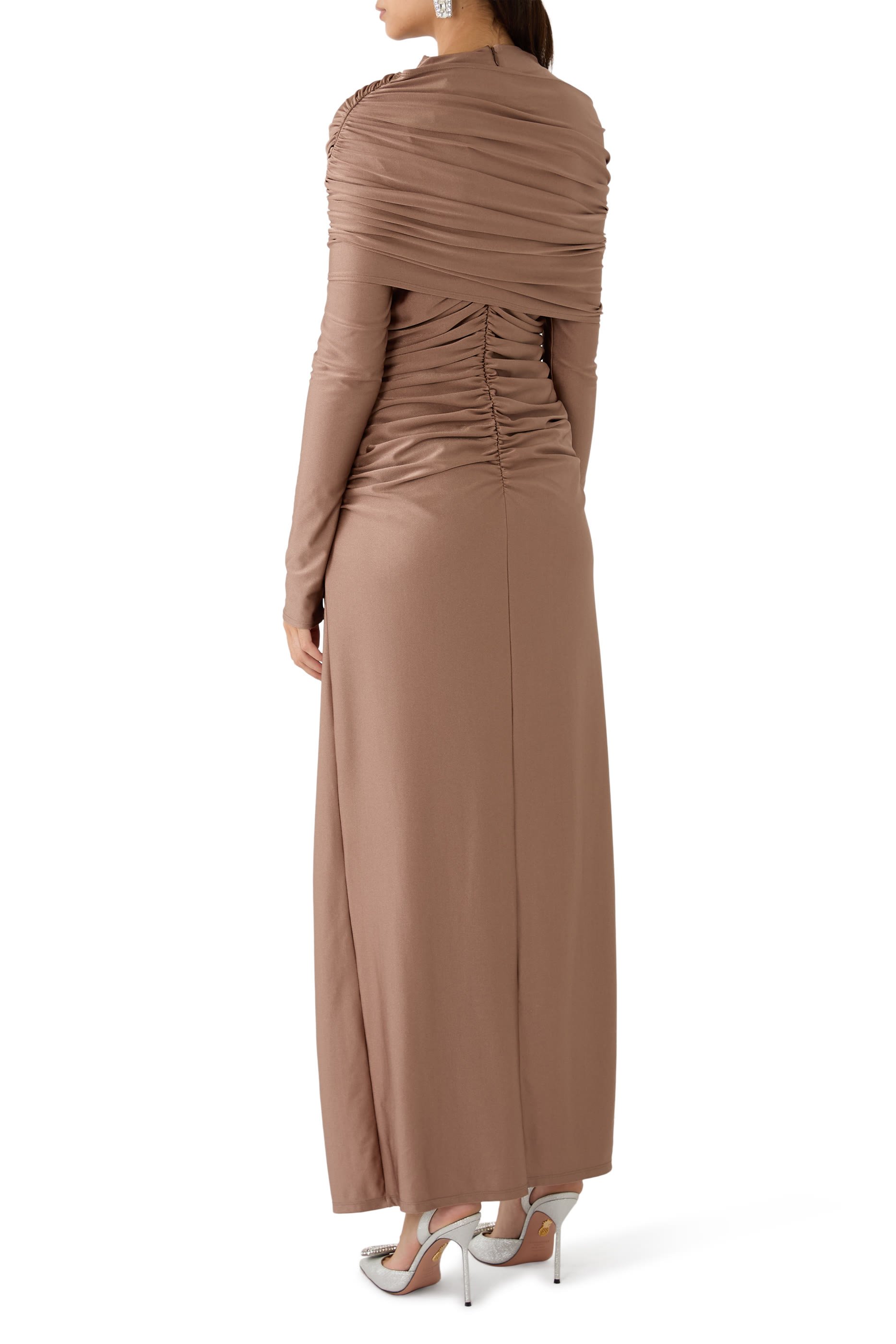 Shine Jersey Asymmetrical Ruched Draped Gown