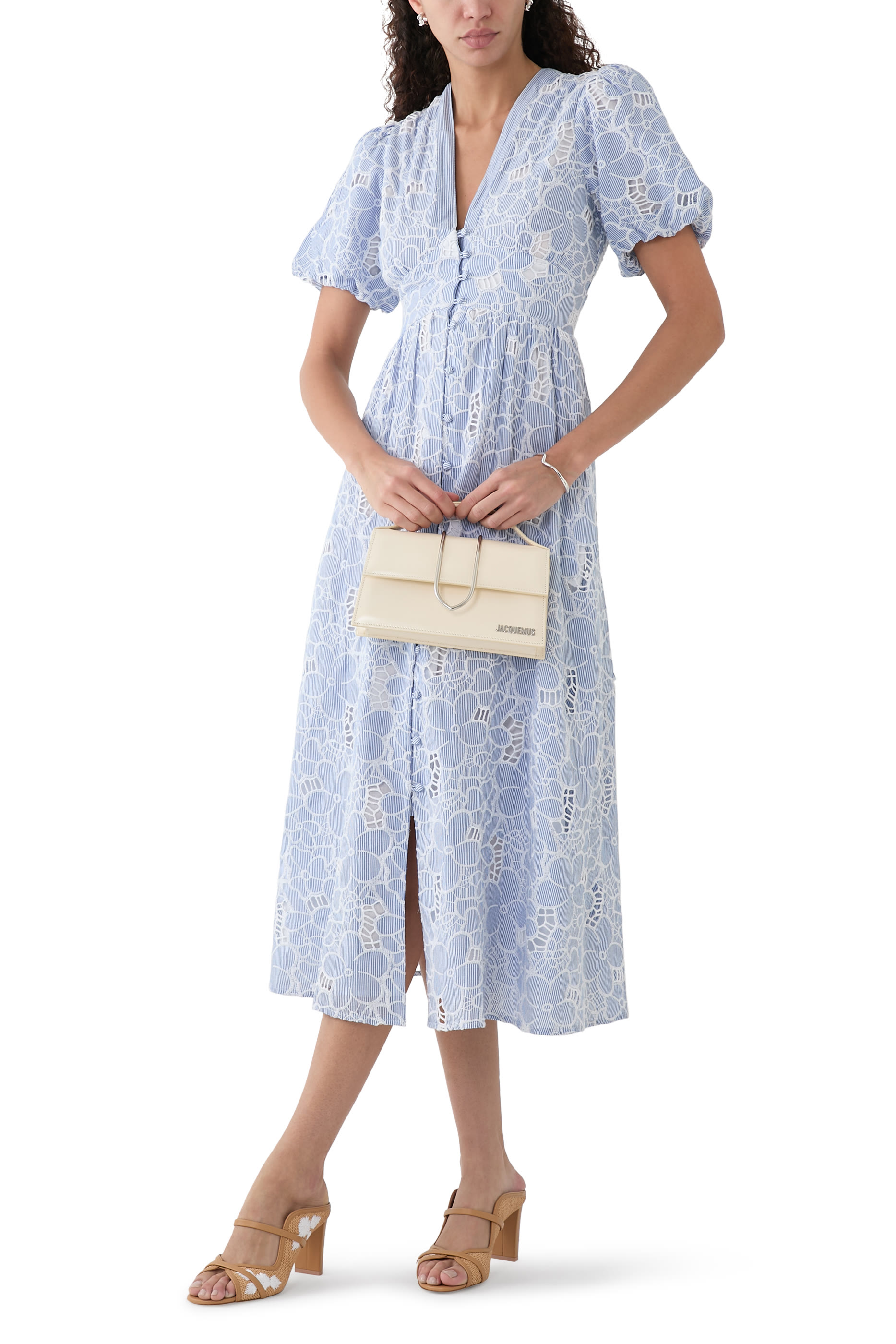 Stripe Floral Embroidered Starlight Midi Dress