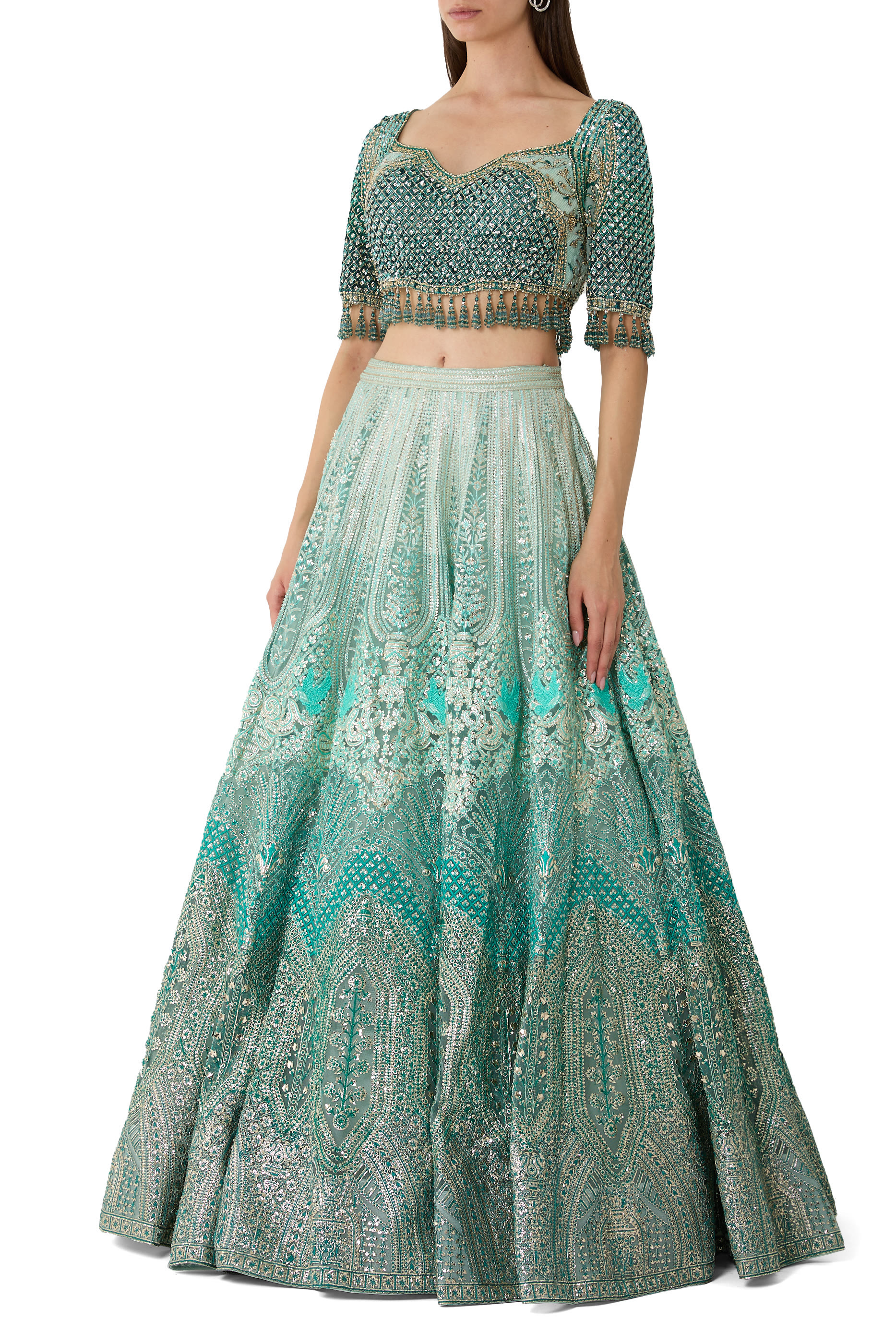 Sea Green Ombre Lehenga Set with Crystal & Sequin Blouse