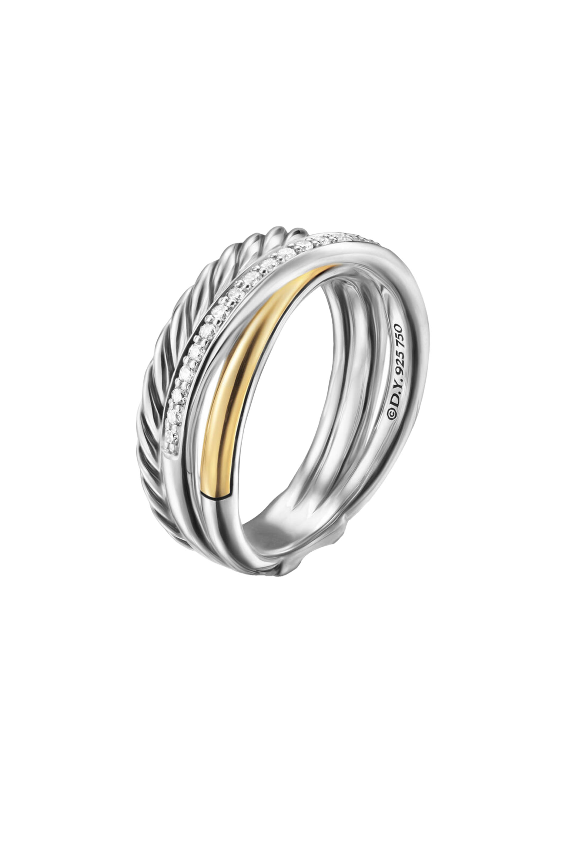 Crossover Three Row Ring, Sterling Silver with 18K Yellow Gold & Diamonds