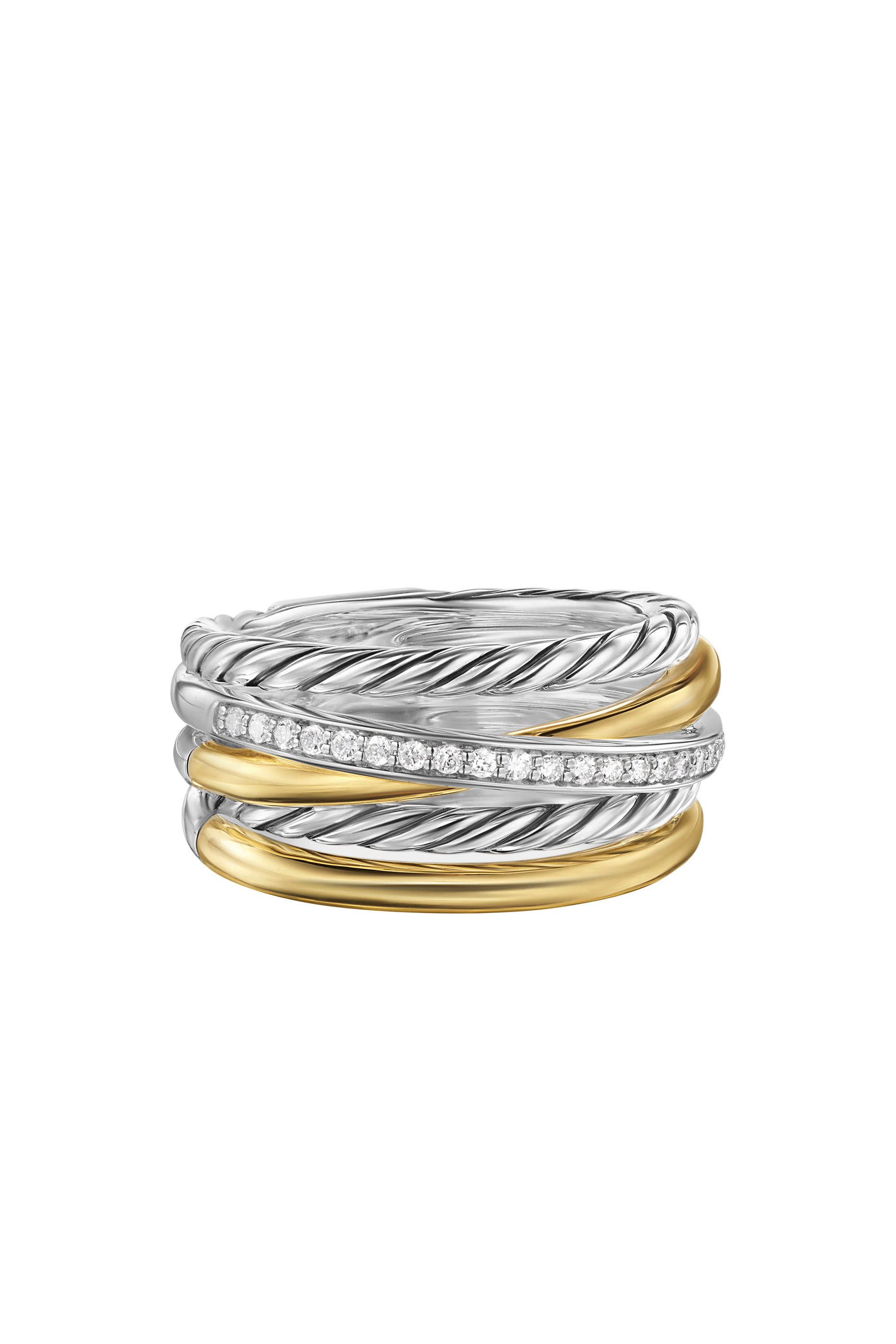 Crossover Five Row Ring, 18k Yellow Gold with Sterling Silver & Diamonds