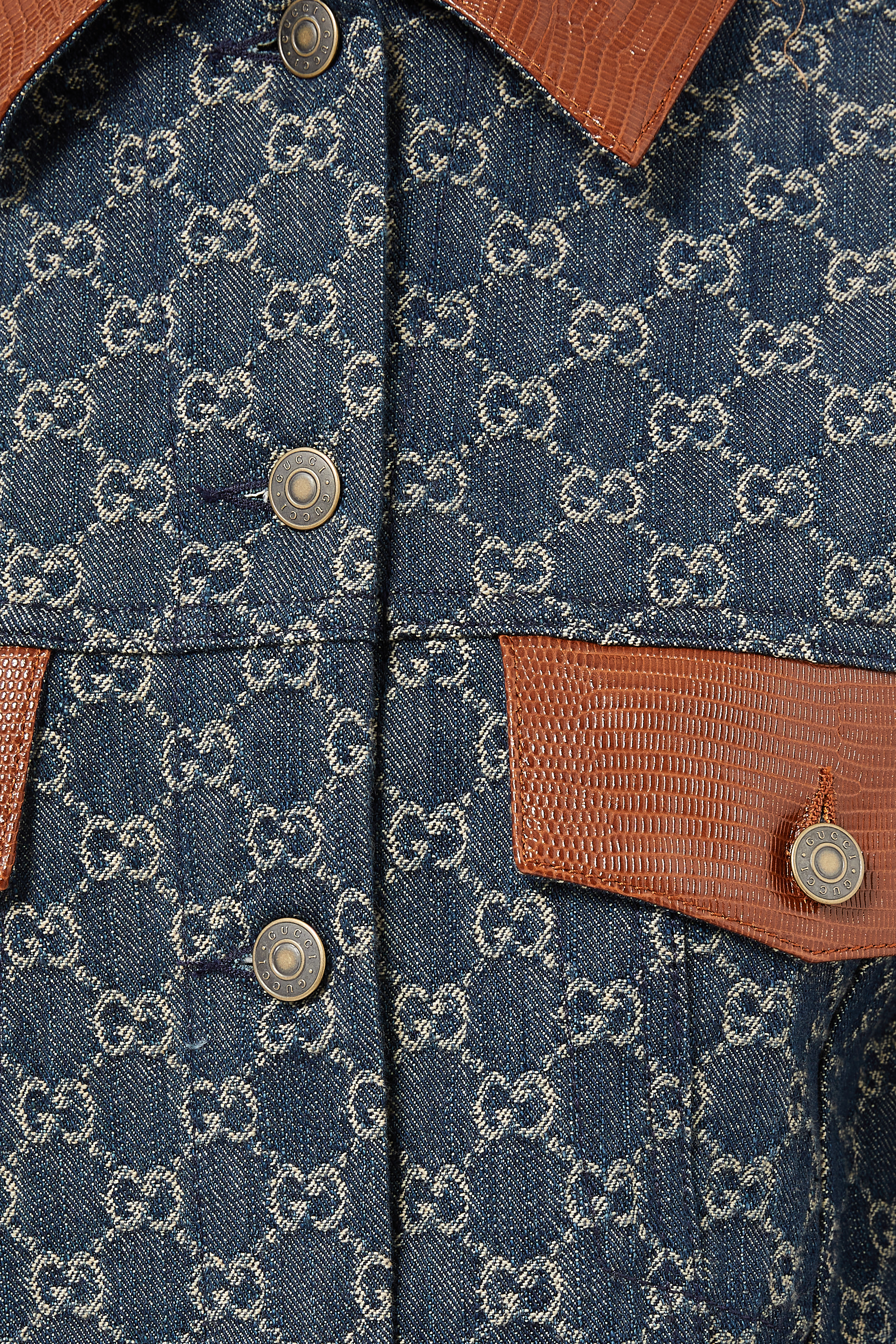 Lizard-effect Leather-Trimmed Denim Jacquard Jacket