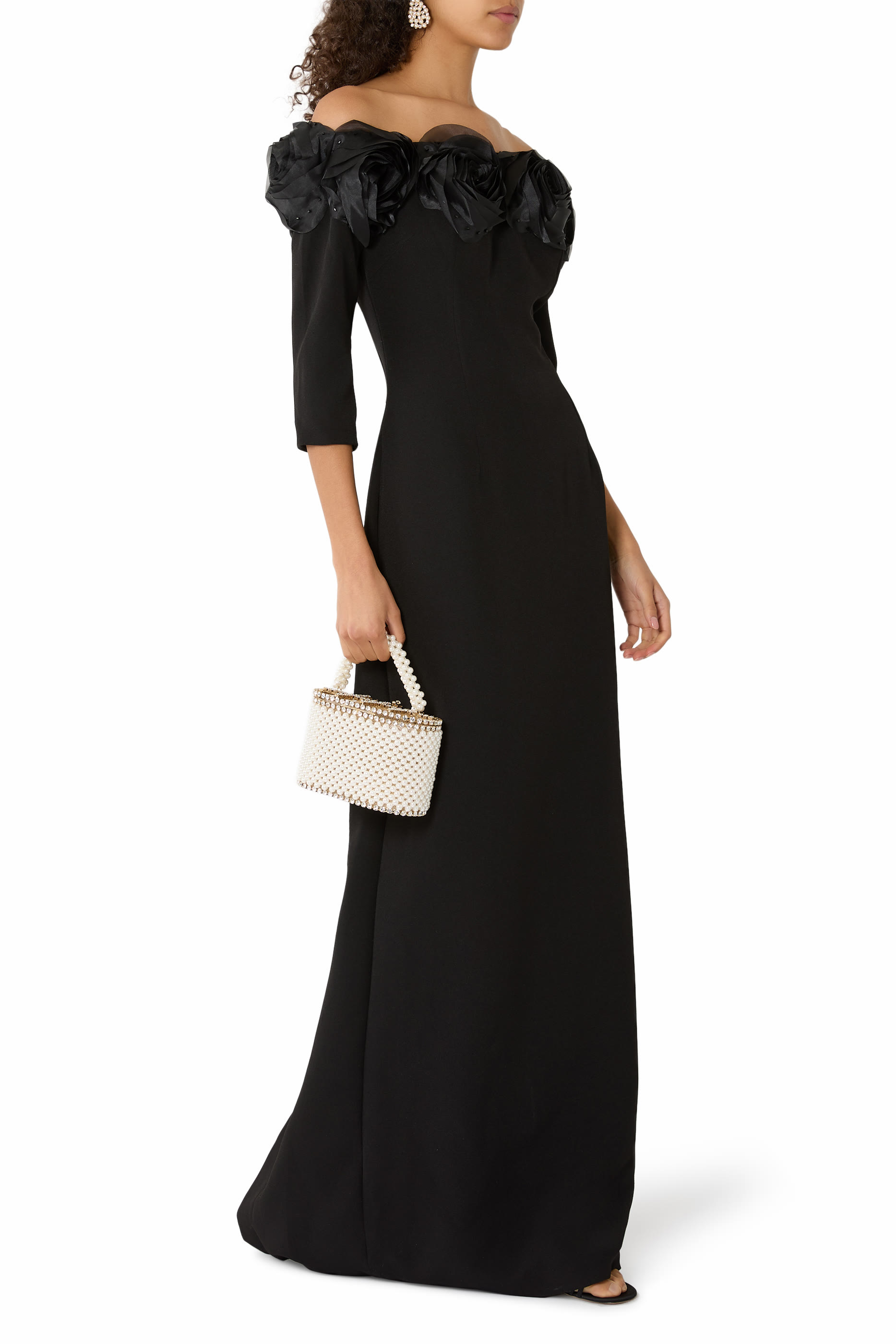  Crepe 3D Flower Off-the-Shoulder Gown