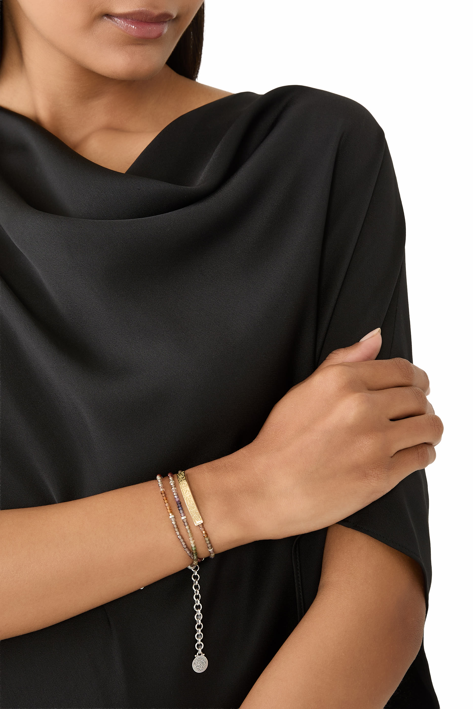 Nur Ahmed Shawqi Calligraphy Beaded Bracelet, 18K Yellow Gold, Sterling Silver & Blue Sapphire