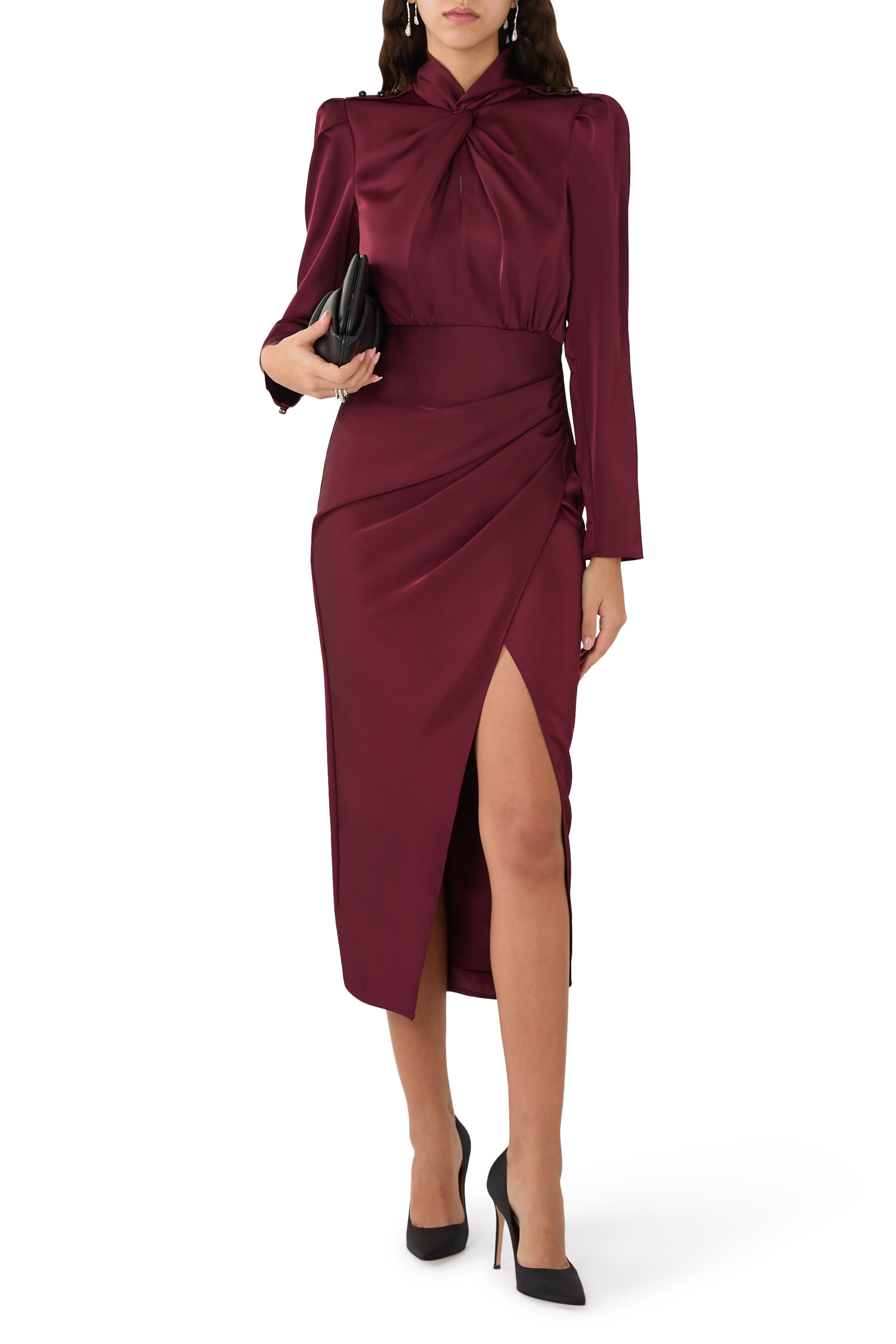 High-Neck Satin Midi Dress