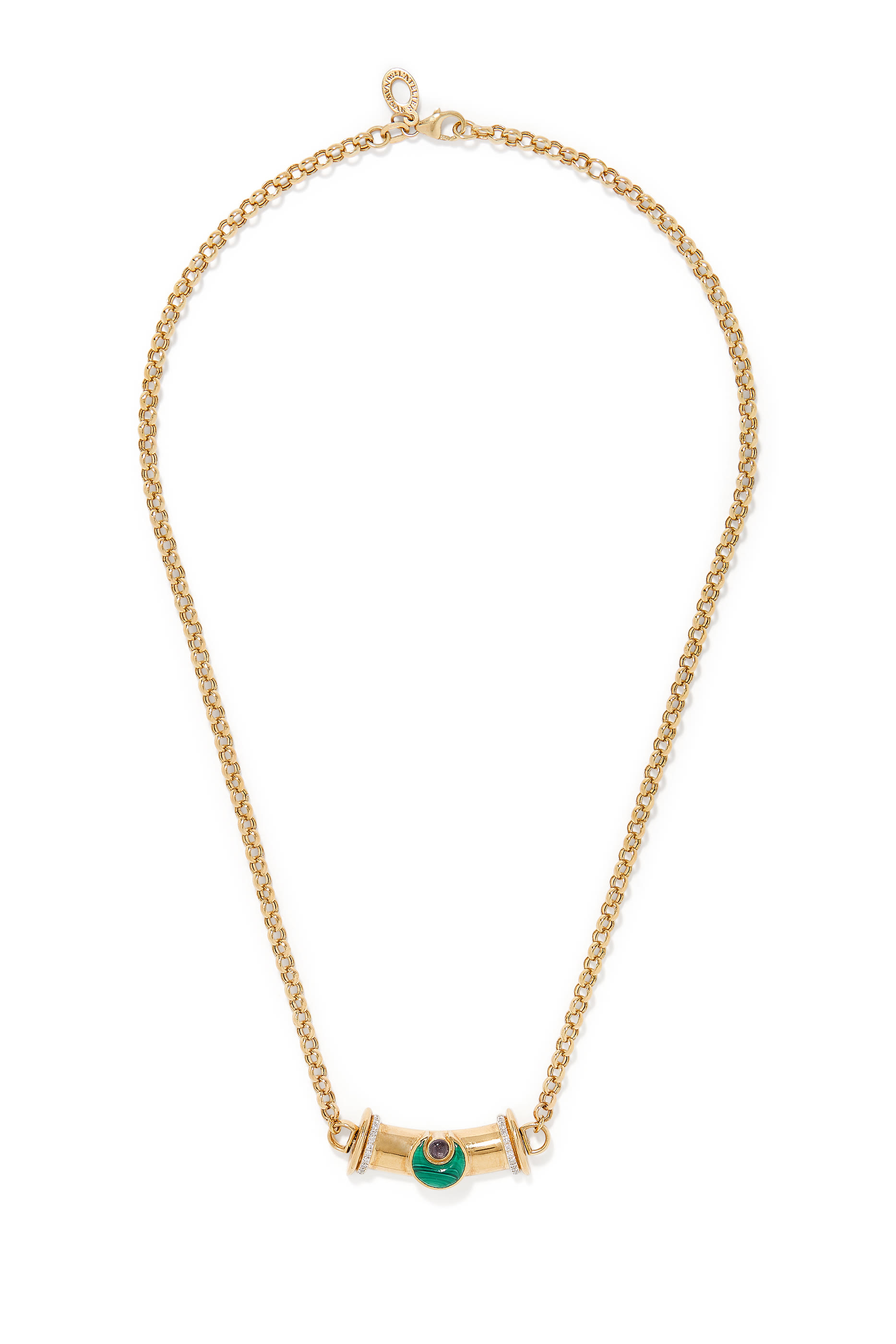 Warrior Moon Necklace, 18k Yellow Gold with Diamonds, Malachite & Amethyst