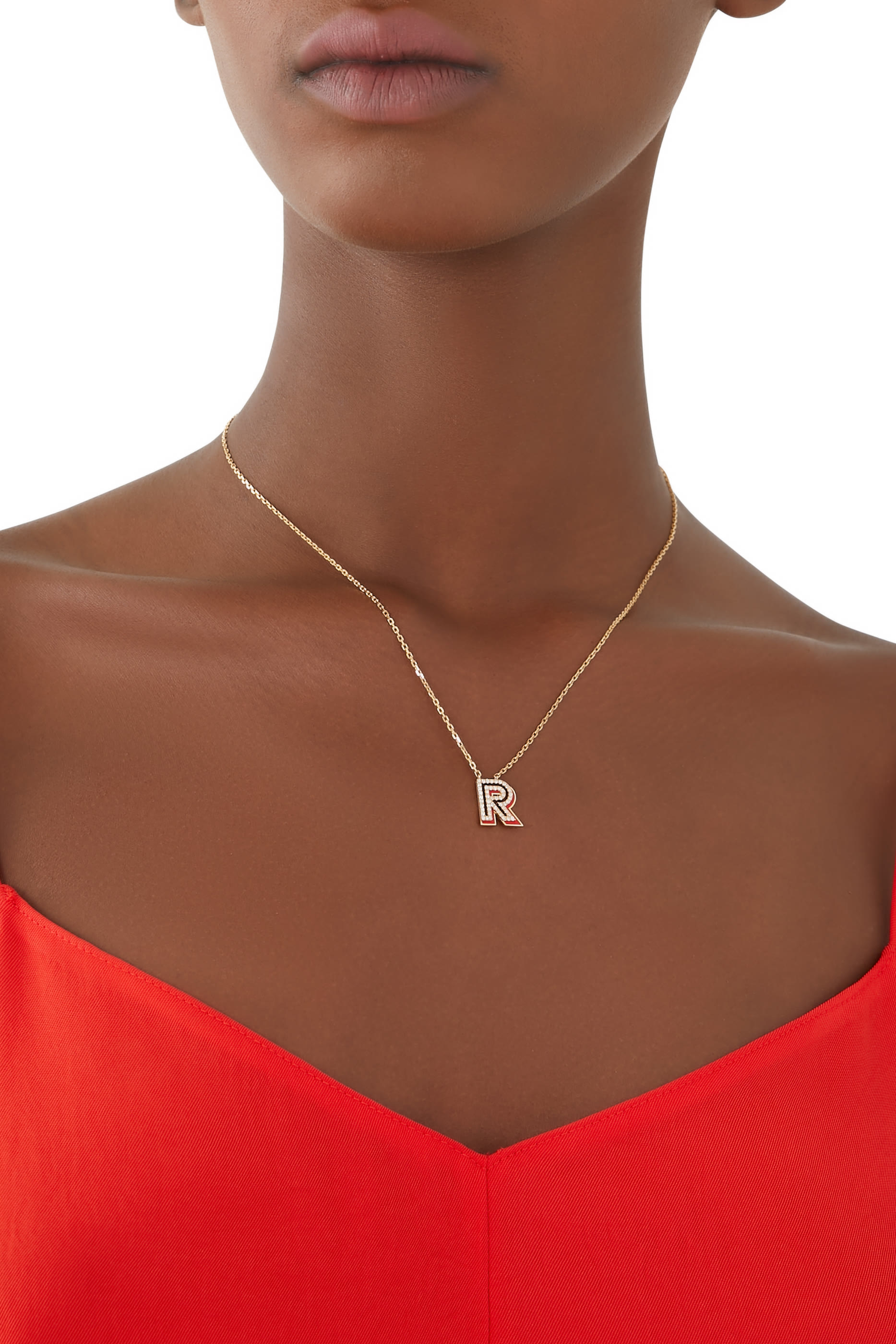 Letter R Silhouette Necklace, 18k Yellow Gold with Diamonds