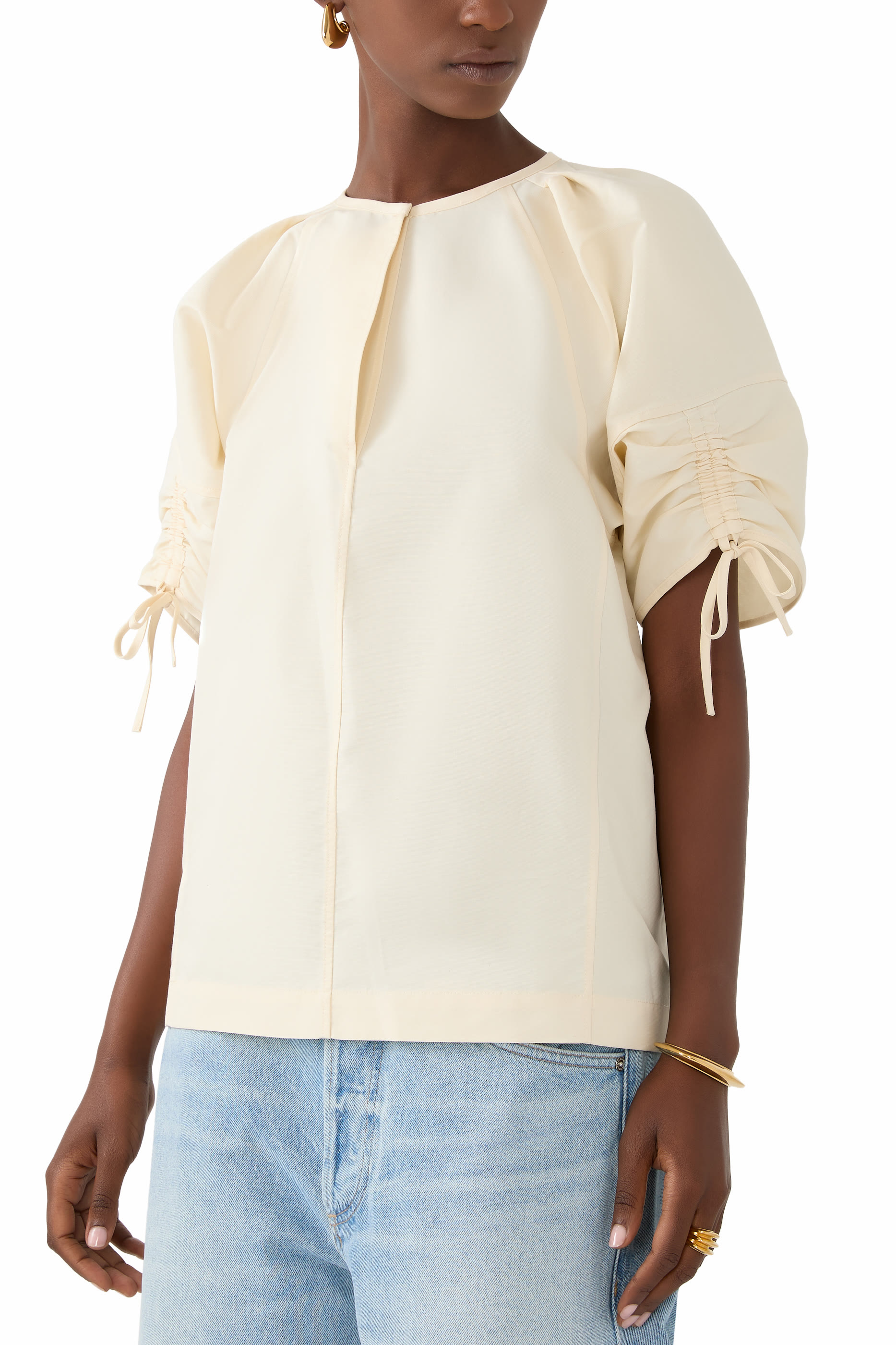 Gathered Sleeve Band Collar Top