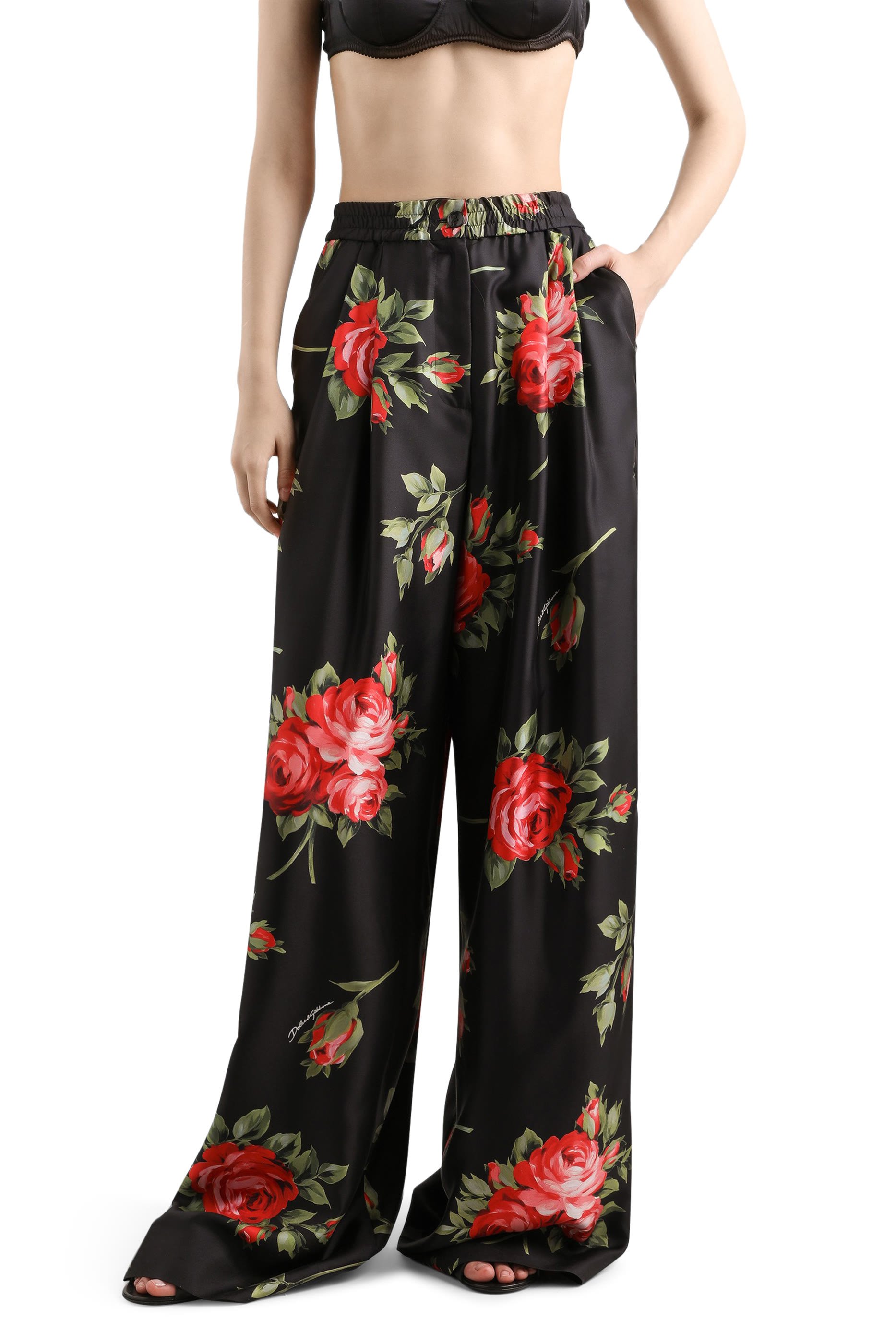 Rose Bouquet Wide-Leg Twill Trousers