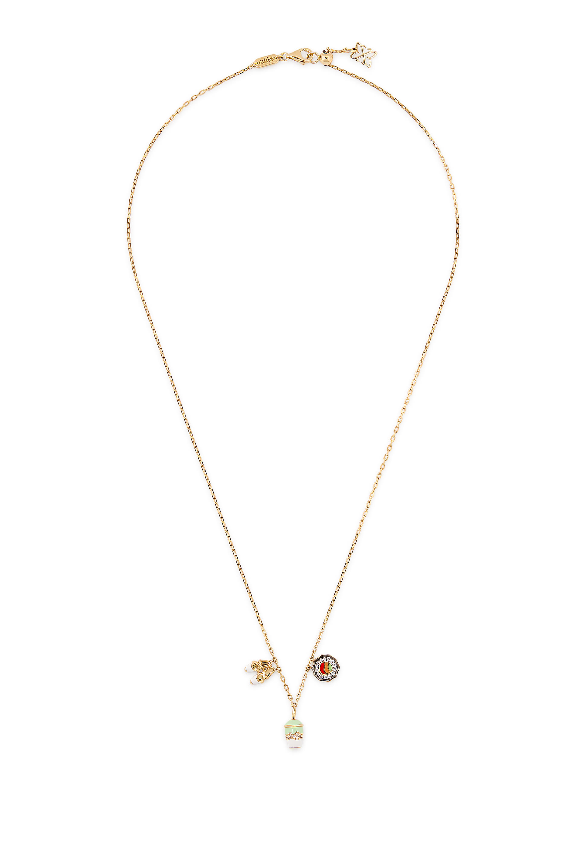 Mini Matcha, Pilates, Sushi Chain Necklace, 18k Yellow Gold & Diamonds