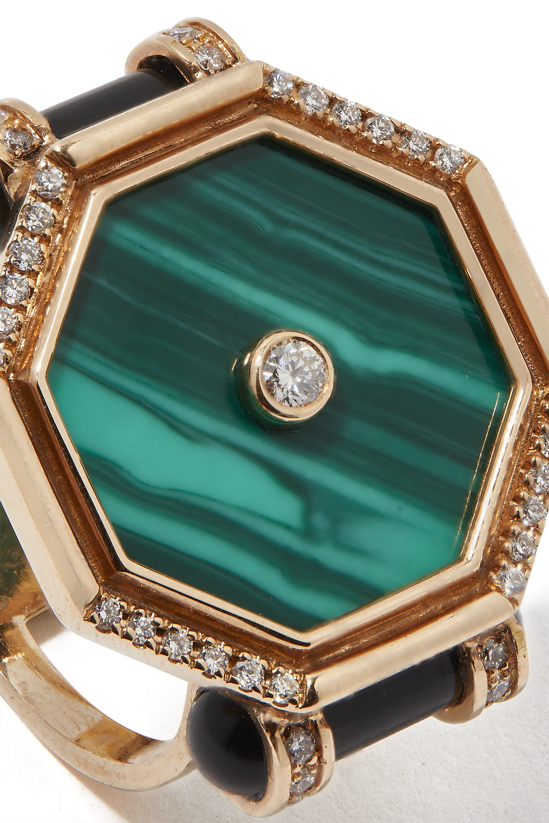 Hexagon Ring, 18k Rose Gold with Diamonds & Onyx, Malachite