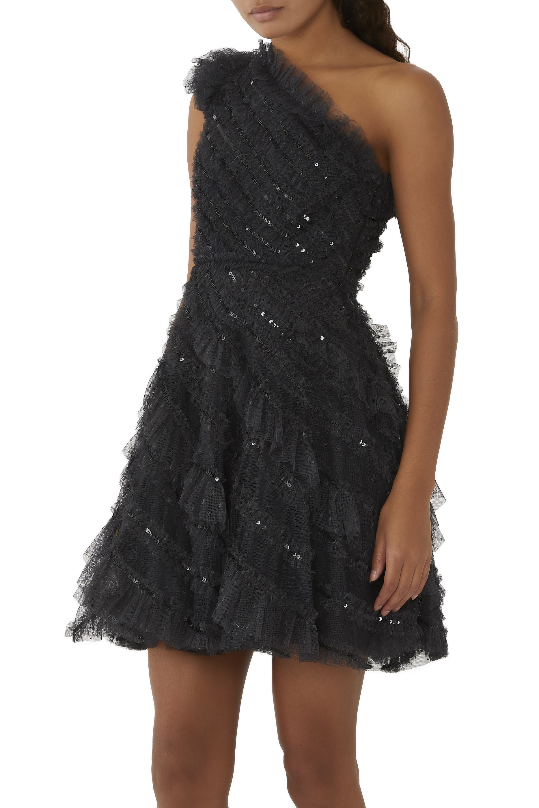 Spiral Sequin One-Shoulder Micro Mini Dress