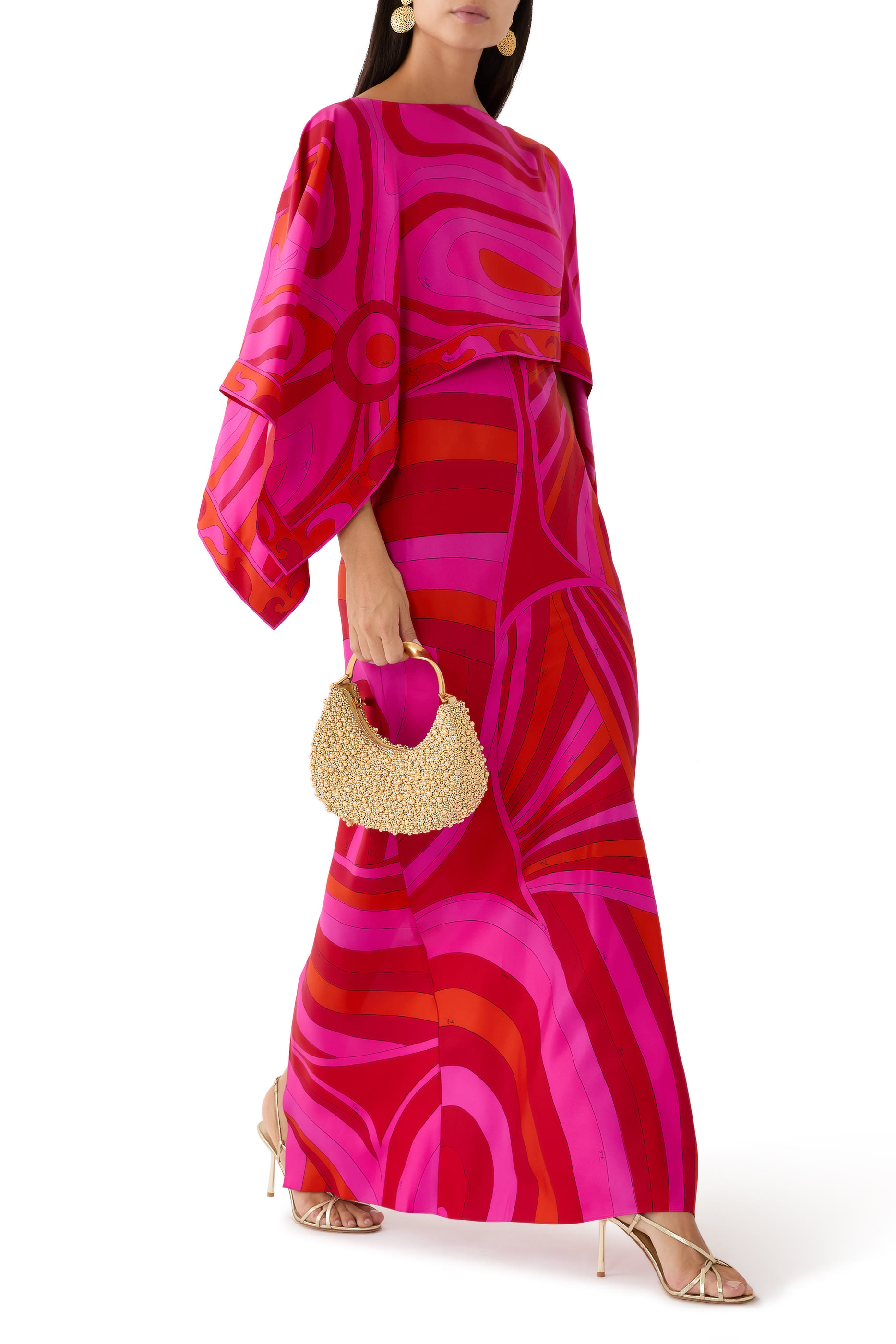 Iride Print Long Dress with  Shrug Cape