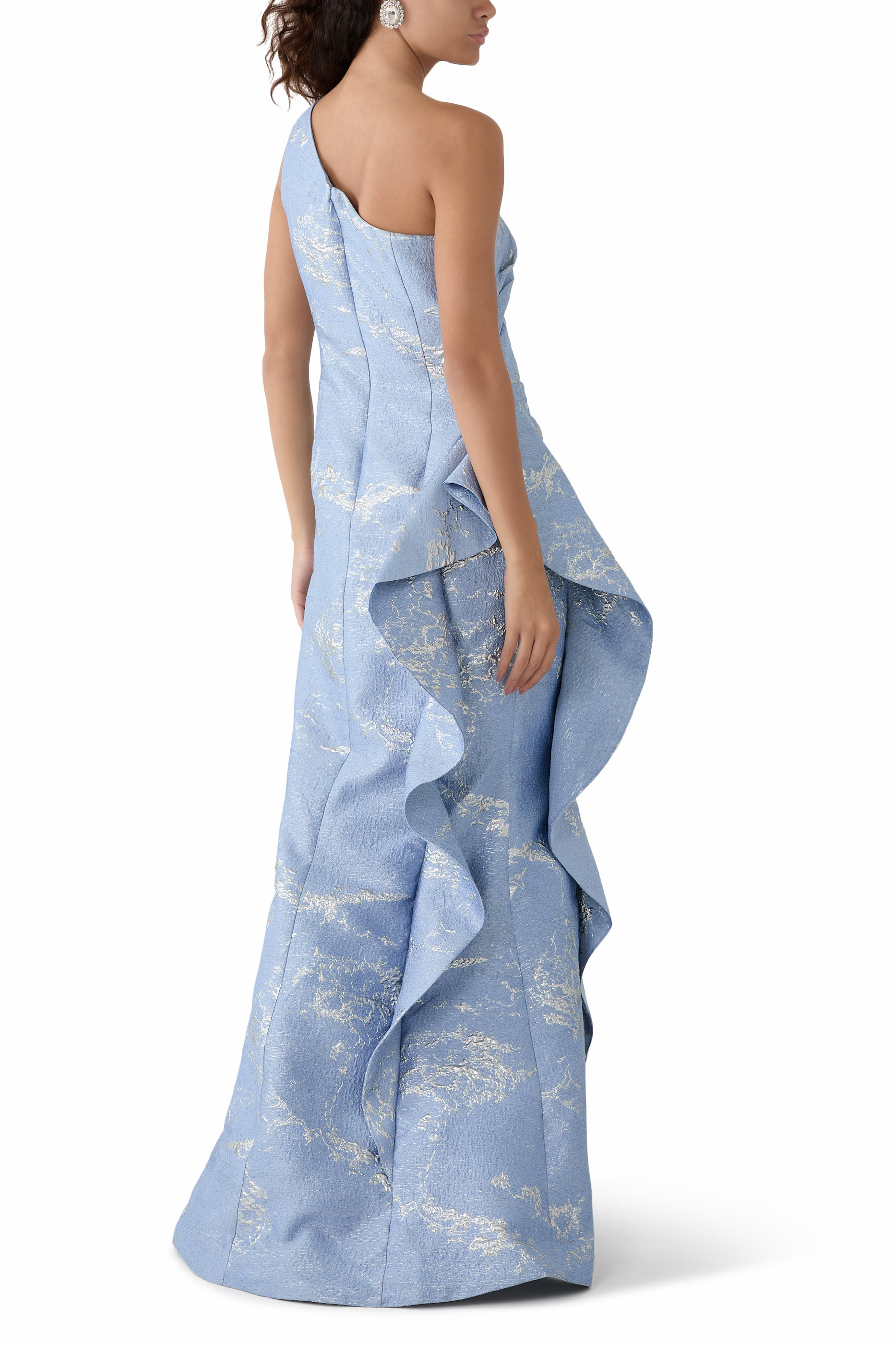 Metallic Jacquard One Shoulder Side Ruffle Gown