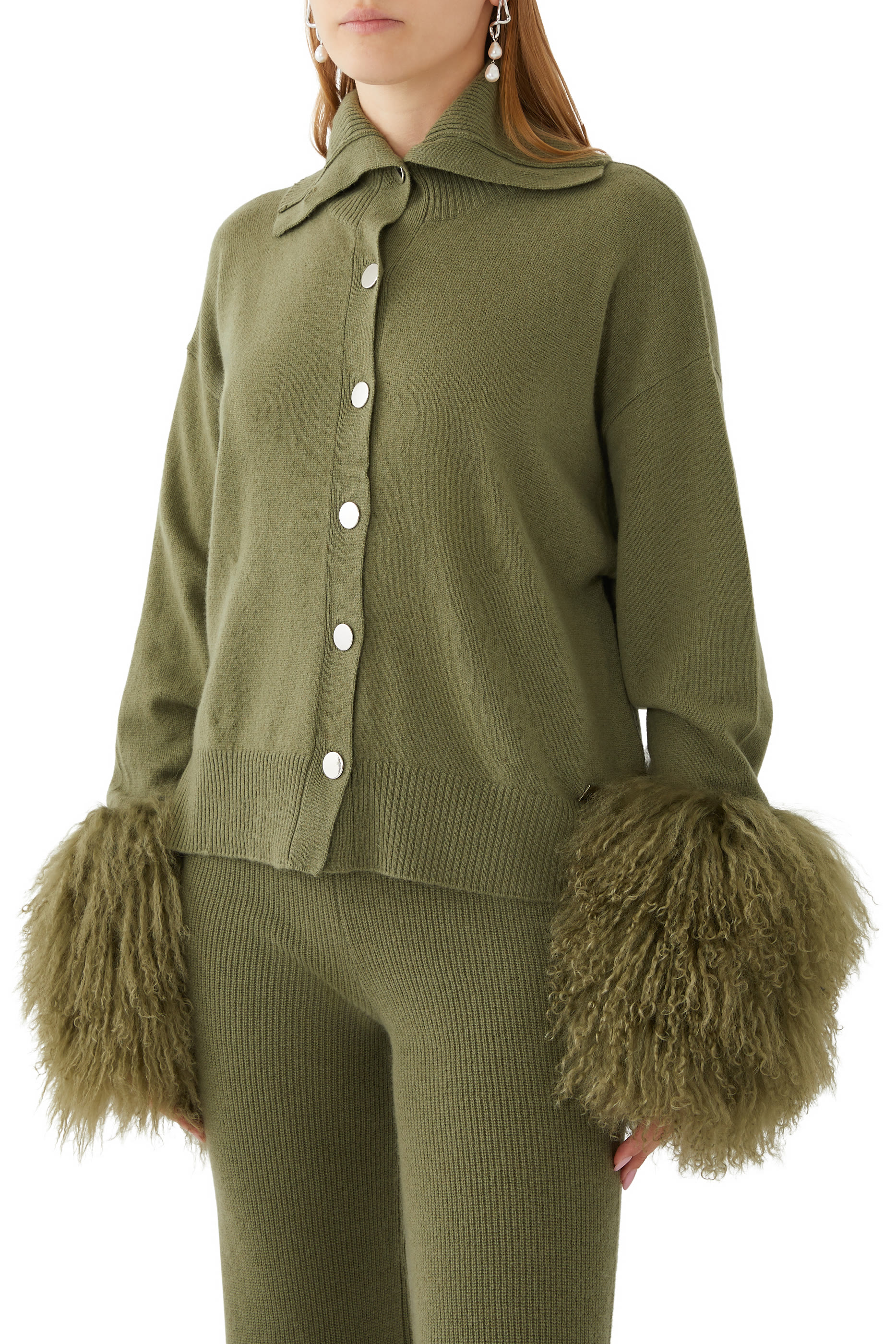 Shearling-Cuff Cardigan