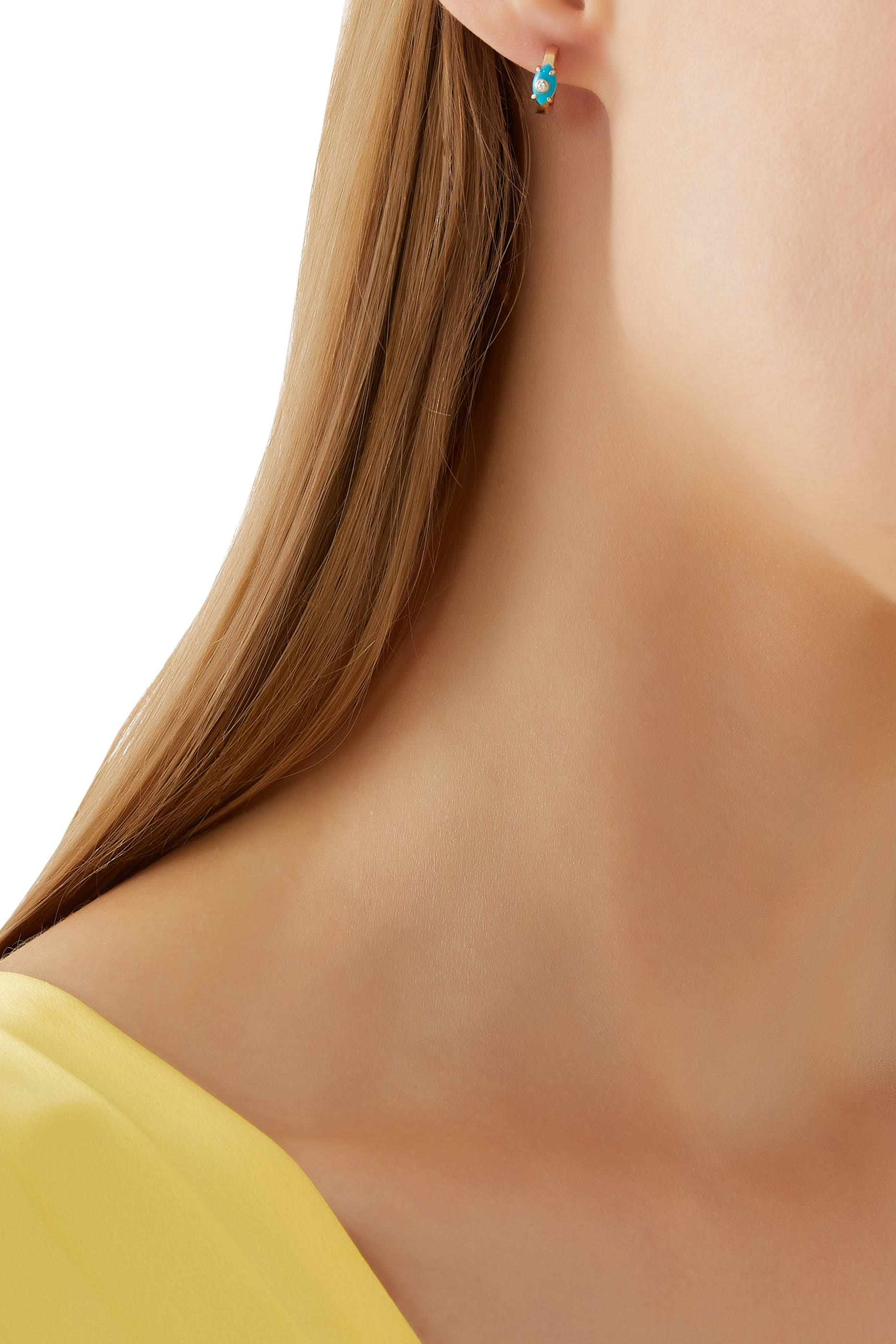 Tiny Carved Stone Huggies, 14K Yellow Gold with Diamond & Turquoise